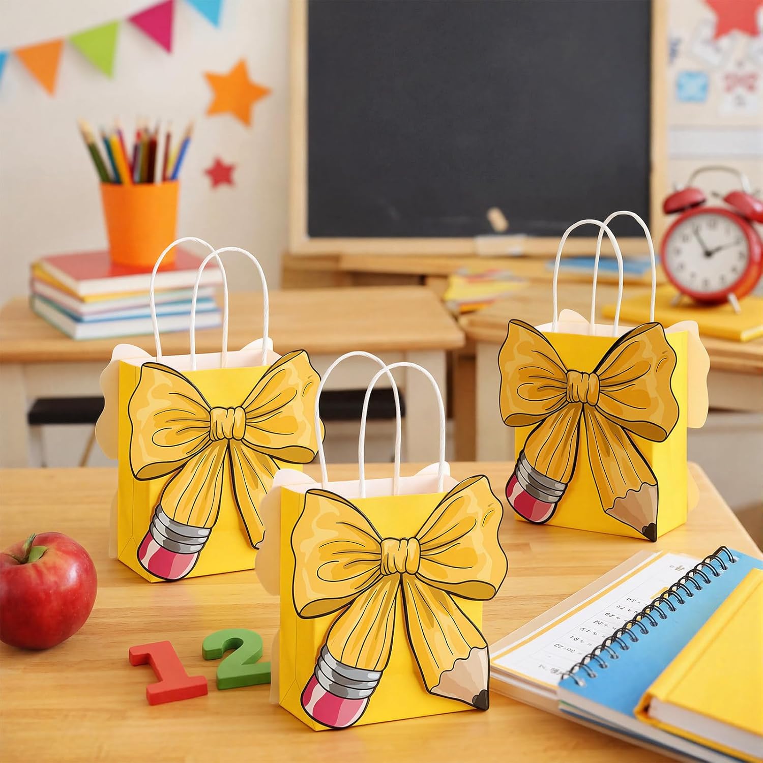 Glenmal 24 Pcs Teacher Appreciation Gift Bags Bulk Paper Teacher Gift Bag with Handle Pencil Bow Style Goodie Bags End of Year Back to School Treat Bag for Graduation Retirement Wrapping Supplies