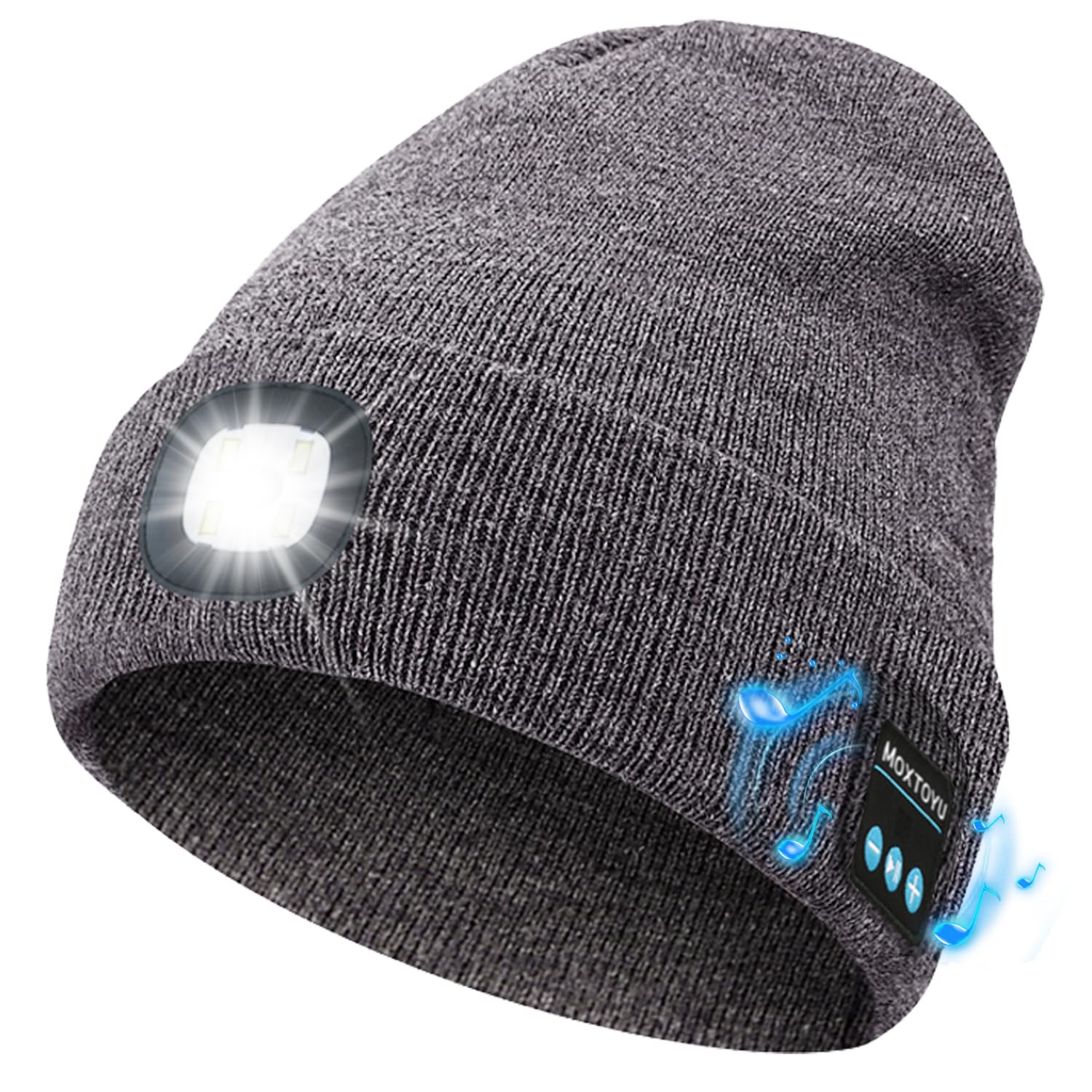 MOXTOYU Bluetooth Beanie with Light, USB Rechargeable LED Headlamp Winter Hat, Men Women Valentine's Day Gifts