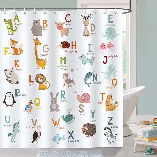 Bonhause Kids ABC Shower Curtain, Cute Alphabet Animal Educational Bathroom