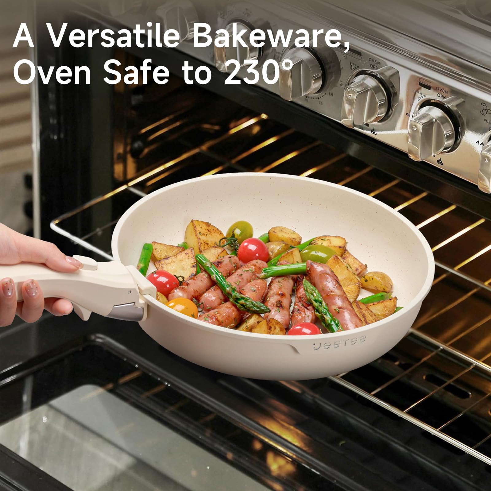 JEETEE Batería de Cocina 25 Piezas con Mangos Extraíbles, Inducción | Juego de Ollas y Sartenes Antiadherentes, Apilable, Apto para Horno 220°C, Ahorra Espacio hasta 70%