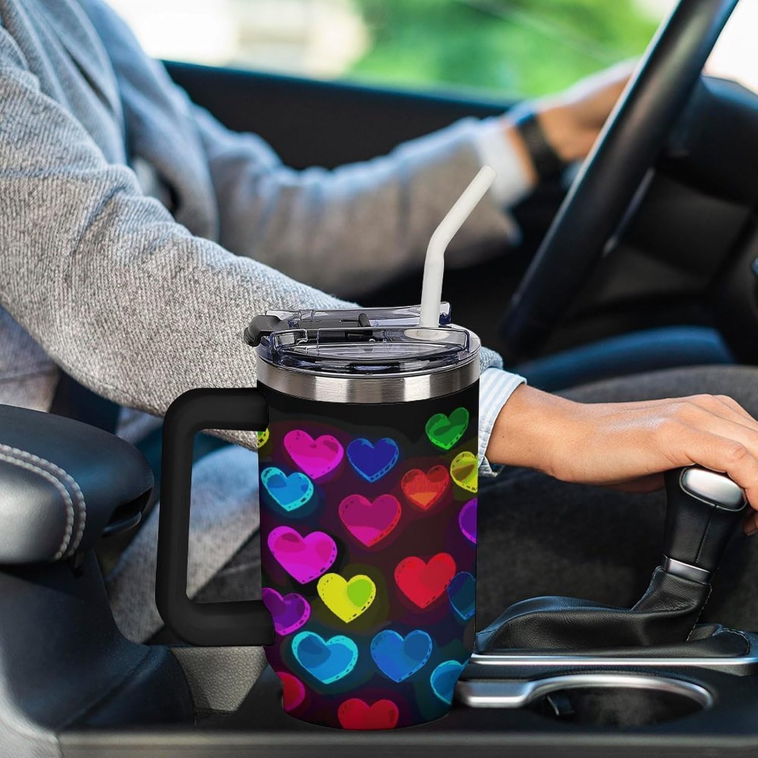 40 Oz Insulated Mug with Handle, Stainless Steel Rainbow Hearts Printed Travel Mug Portable Leak-proof Large Car Mug for Home, Office Or Car