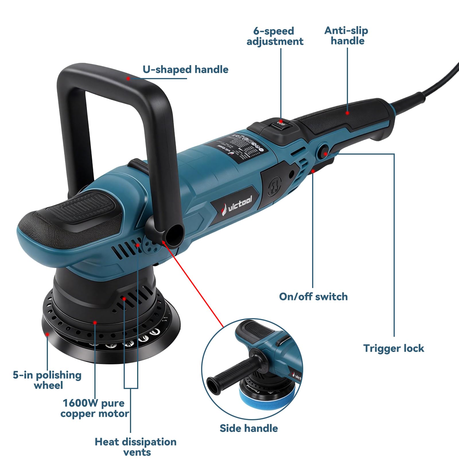 Pulidora con motor de cepillo de 1500 W, seis velocidades precisas y cinco discos de pulido, apto para pulir, reparar y sellar. Manejo estable gracias a sus dos asas.