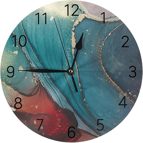 Reloj de pared para sala de estar, dormitorio, tinta azul oscuro y roja, textura de mármol, silencioso, sin tictac, funciona con pilas, para el