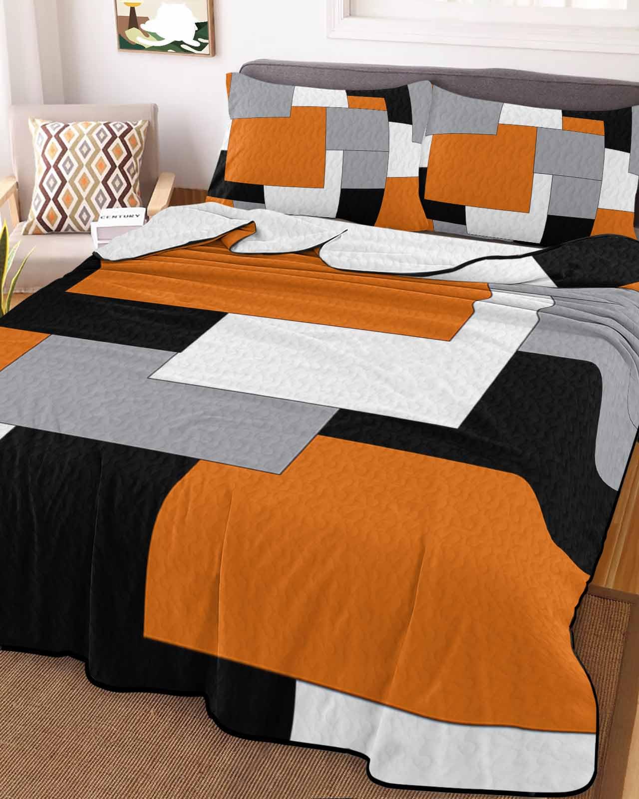 LOT BASIC 3-Piece Summer Quilt King Size, Abstract Geometric Art Lightweight Cooling Bedding Comforter Blanket with 2 Pillow Shams, Orange Black Gray Bedspreads Quilted Coverlet Sets 96