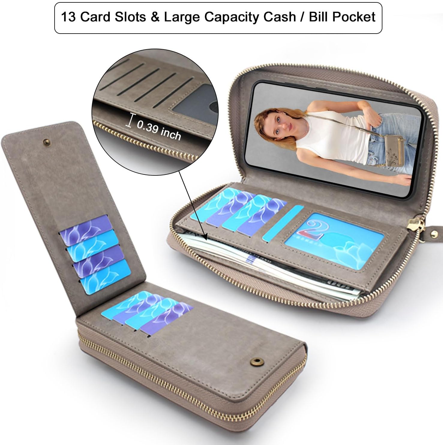 Lacass for Samsung Galaxy A16 5G Wallet Case,Crossbody Dual Zipper Detachable Magnetic Leather Wallet Case Cover Wristlets Wrist Strap 13 Card Slots Money Pocket (Floral Gray)