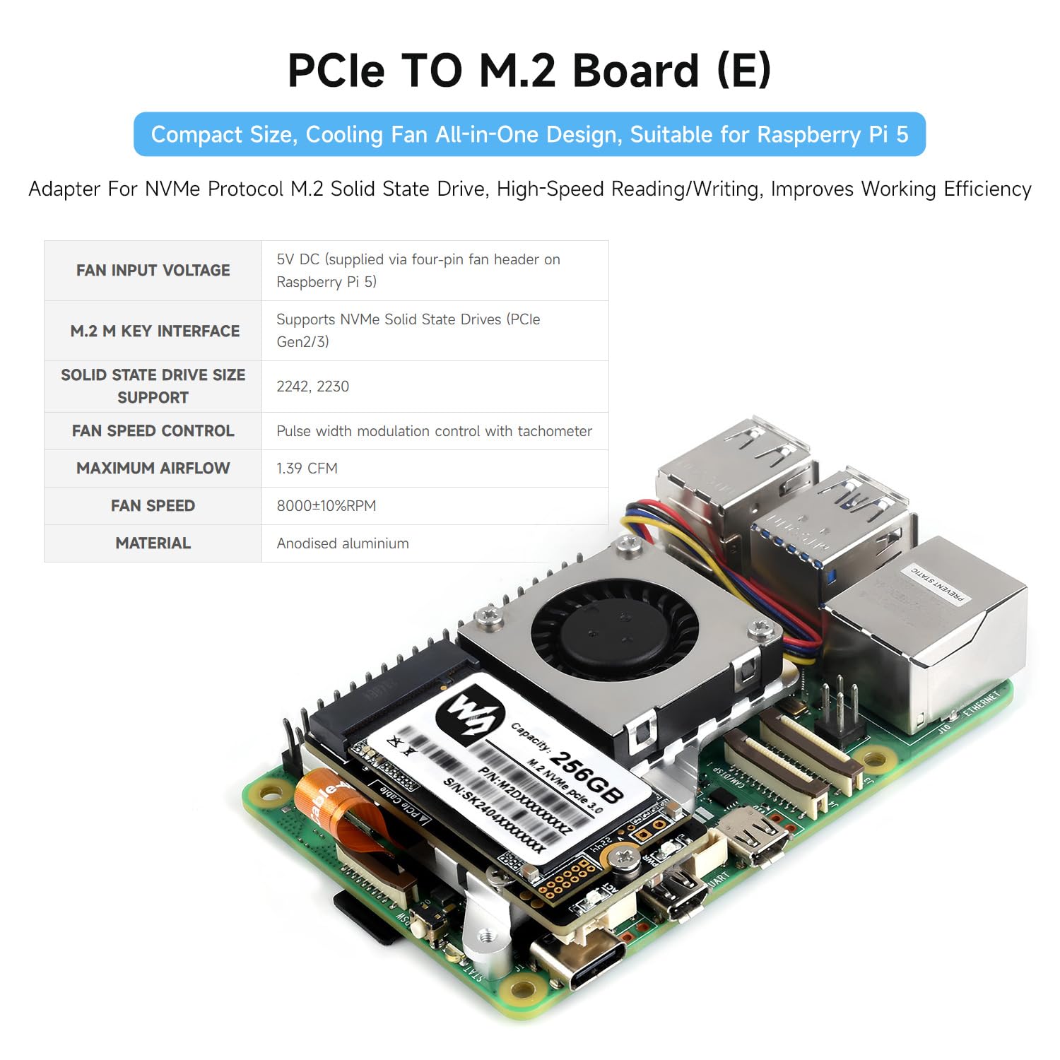 Waveshare PCIe to M.2 Adapter Board (E) For Raspberry Pi 5, With Cooling Fan, Compatible With 2242/2230 NVMe Protocol M.2 Solid State Drive, 8Gbps Data Rate, High-Speed Reading/Writing, Pi 5 NVMe