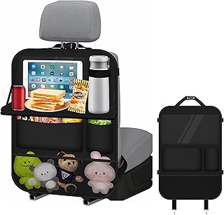 Multifunktional Autositz Organizer, Auto Organizer Kinder mit Klapptisch, Wasserdichter Rückenlehnenschutz mit Tablet/Telefon Aufbewahrung für die meisten Fahrzeuge (1 PCS - Schwarz)