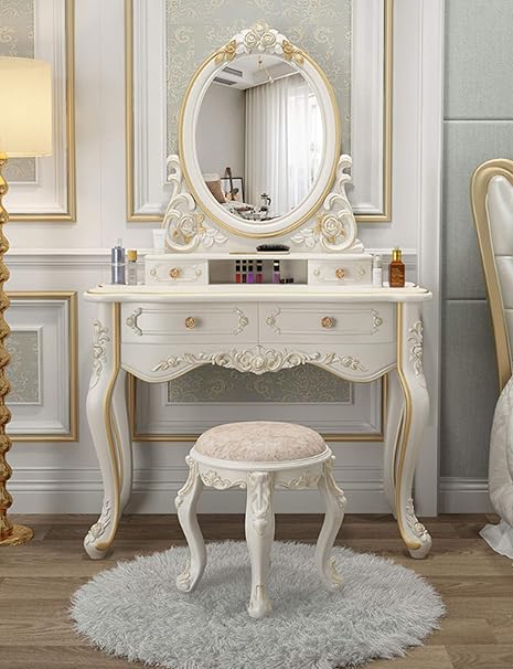 Amazon Co Jp 松材ドレッサー 姫系 化粧台 おしゃれ 一面鏡 Led3つのモード鏡台 コンパクト 収納付き スツール付き 2点セット 猫脚 浮彫 木製 組立 ホワイト 80x48x147cm ホーム キッチン