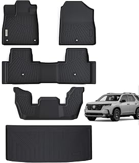 SANBAN-AXE Floor Mats & Trunk Mat for 2023 2024 2025 Honda Pilot Sport/Touring/Elite/TrailSport/EX-L，TPE All Weather Protection Car Floor Liners with Cargo Liners- Black