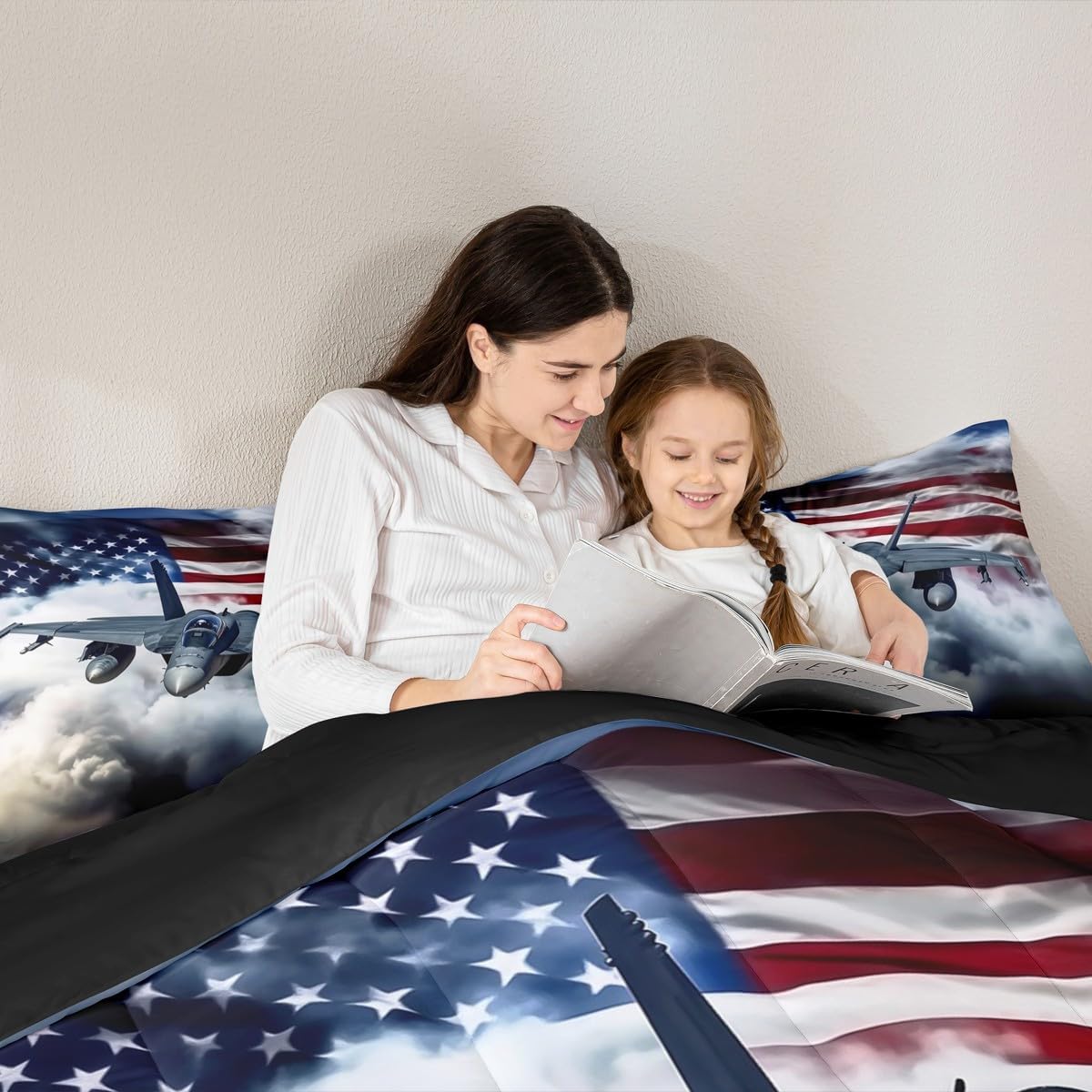 Aircraft Kids Bedding Comforter Set Toddler Size,Cool Fighter Aircraft Bedding Sets All Season,Vintage American Flag Bedroom Quilt Set,Grey White 3D Cloud Duvet Insert,1 Pillowcase