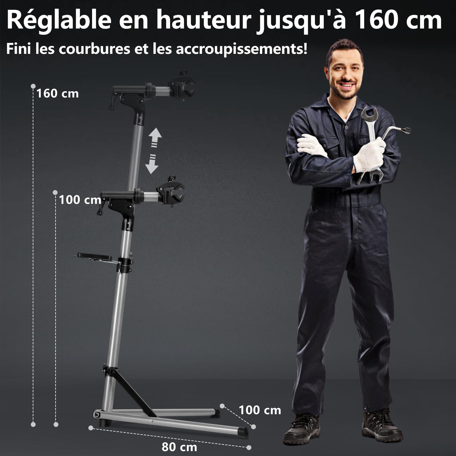 Urban Deco Supporto per riparazione bici, supporto per bici in alluminio per manutenzione, capacità 30,8 kg, regolabile in altezza, morsetto girevole a 360°, vassoio per attrezzi incluso, argento
