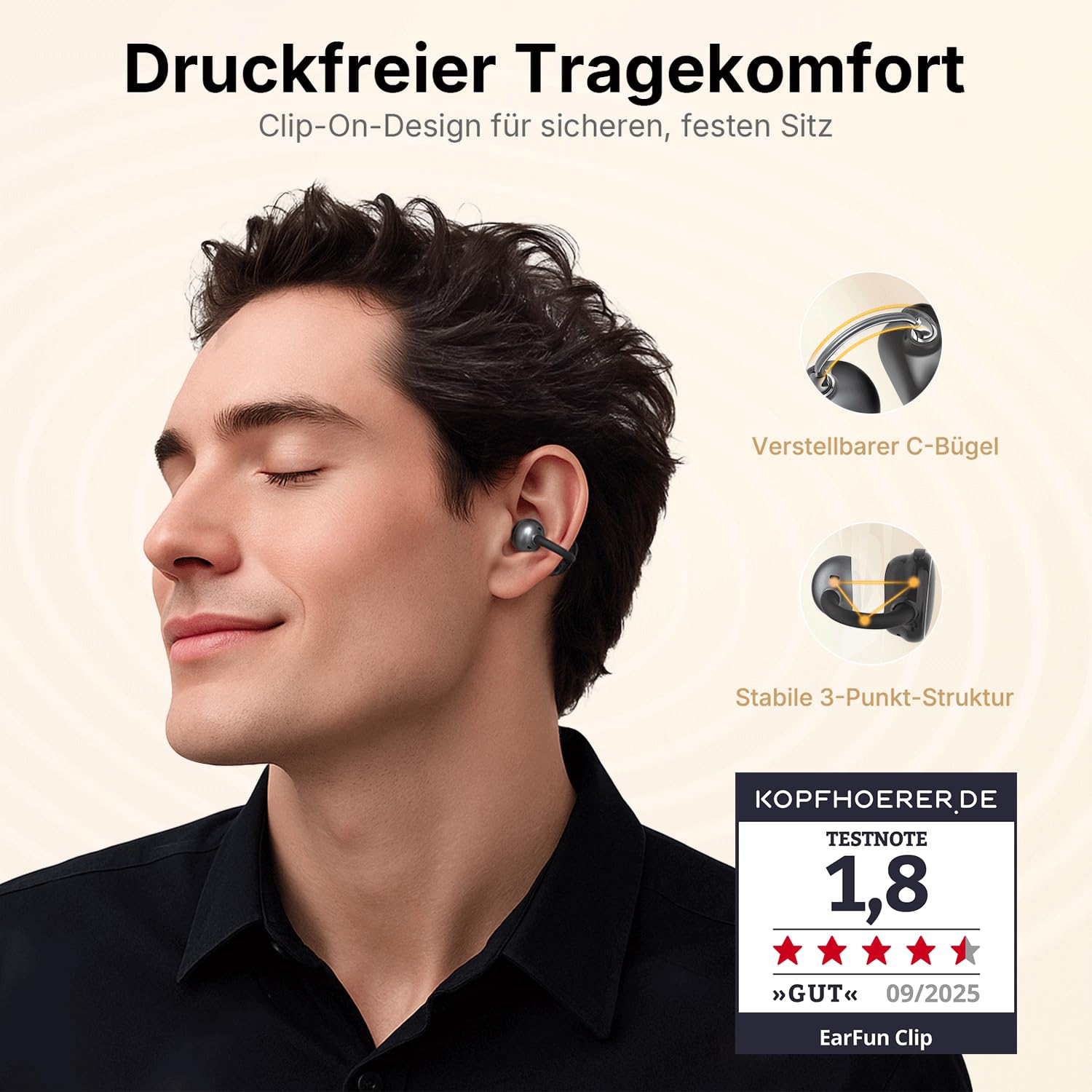 EarFun Clip Open Ear Kopfhörer Bluetooth, komfortabler Sitz, 10.8 mm Carbon-Treiber, Hi-Res Audio, LDAC, BassSurge, 40 Std. Akku, klare Anrufe, Clip-On Earbuds mit Bluetooth 6, Multipoint, IP55, APP