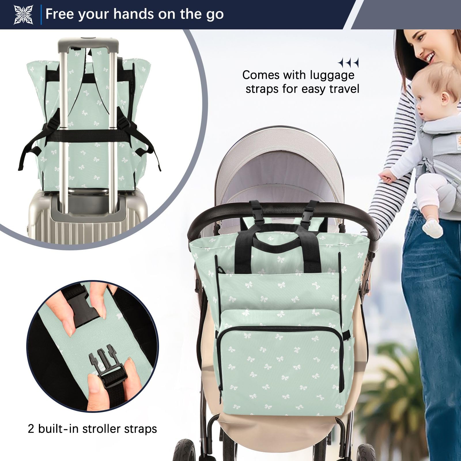 Mnsruu Borsa per pannolini per bambini con fiocco bianco zaino grande borsa impermeabile da viaggio borse per pannolini per mamme e papà