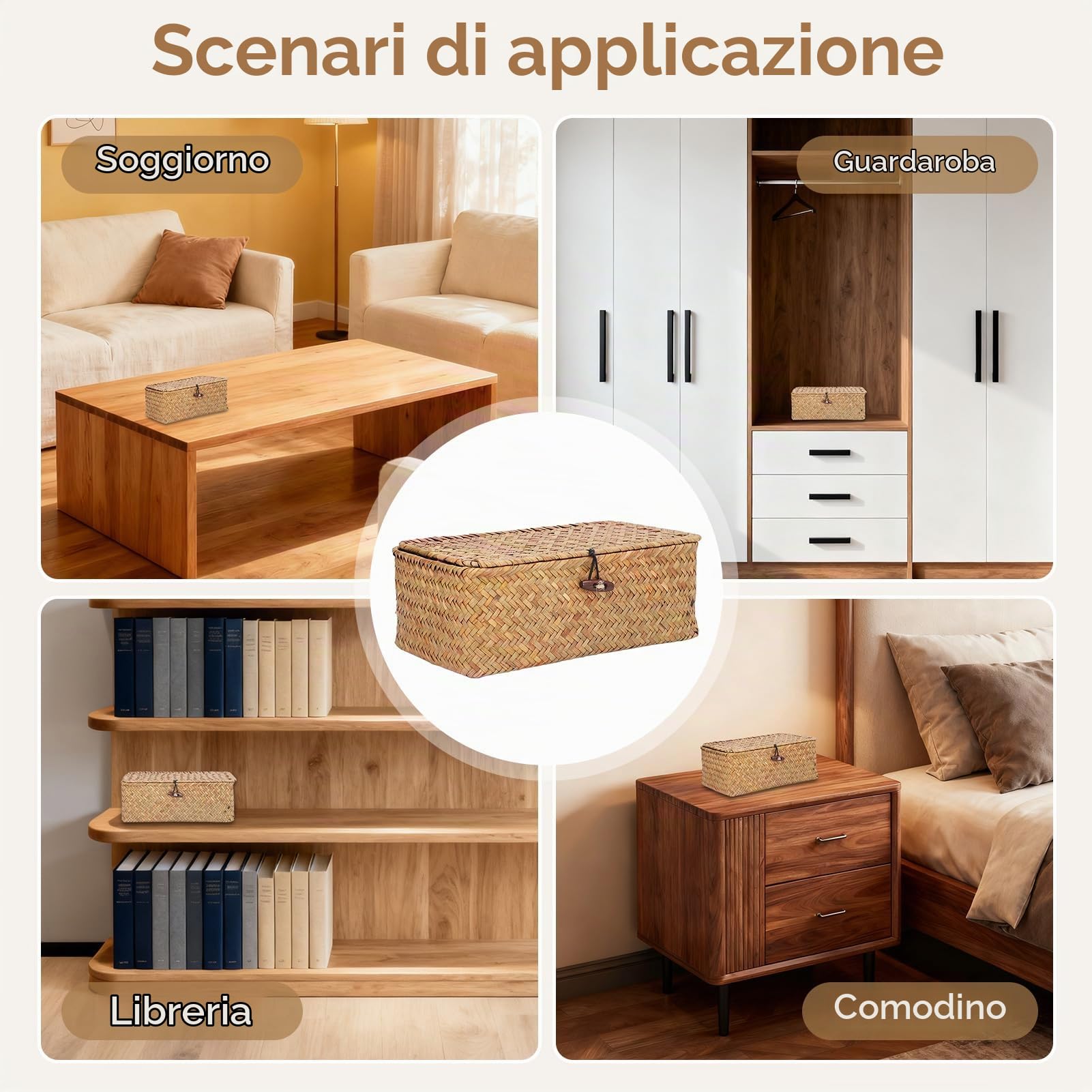 Cesto di stoccaggio con coperchio e rettangolare cesto intrecciato bidoni dell'organizzatore decorativo per l'organizzatore per la casa desktop. (M)