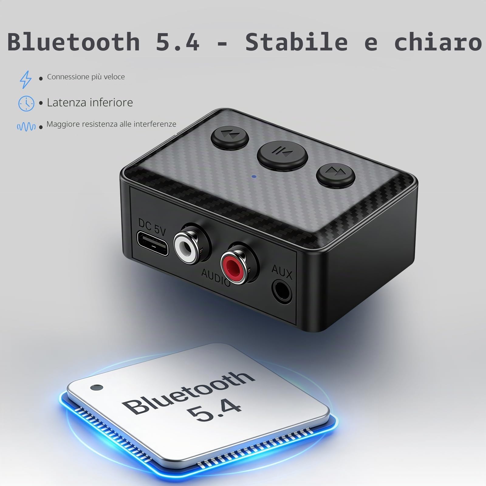 Ricevitore Audio Bluetooth 5.4,Adattatore Bluetooth con Uscita RCA/AUX Jack 3,5mm e Controllo Volume,Supporto USB,Ricevitore Bluetooth per Auto & sistema stereo in streaming di musica domestica, HiFi