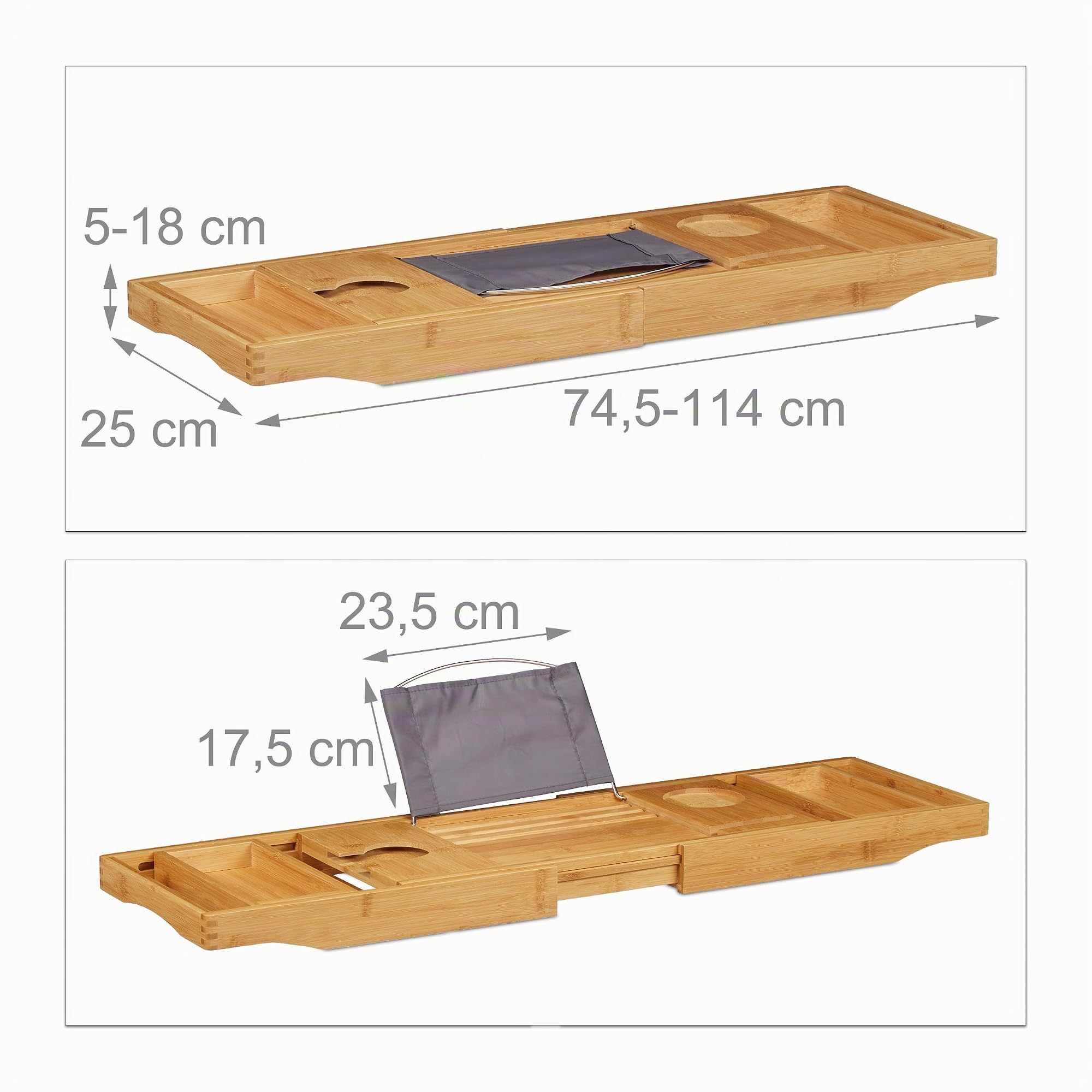 Relaxdays Bath Caddy bambù, Mensola Vasca & Vassoio 2 in 1, Reggilibri, Porta Bicchieri, Regolabile 74,5-114 cm, Legno