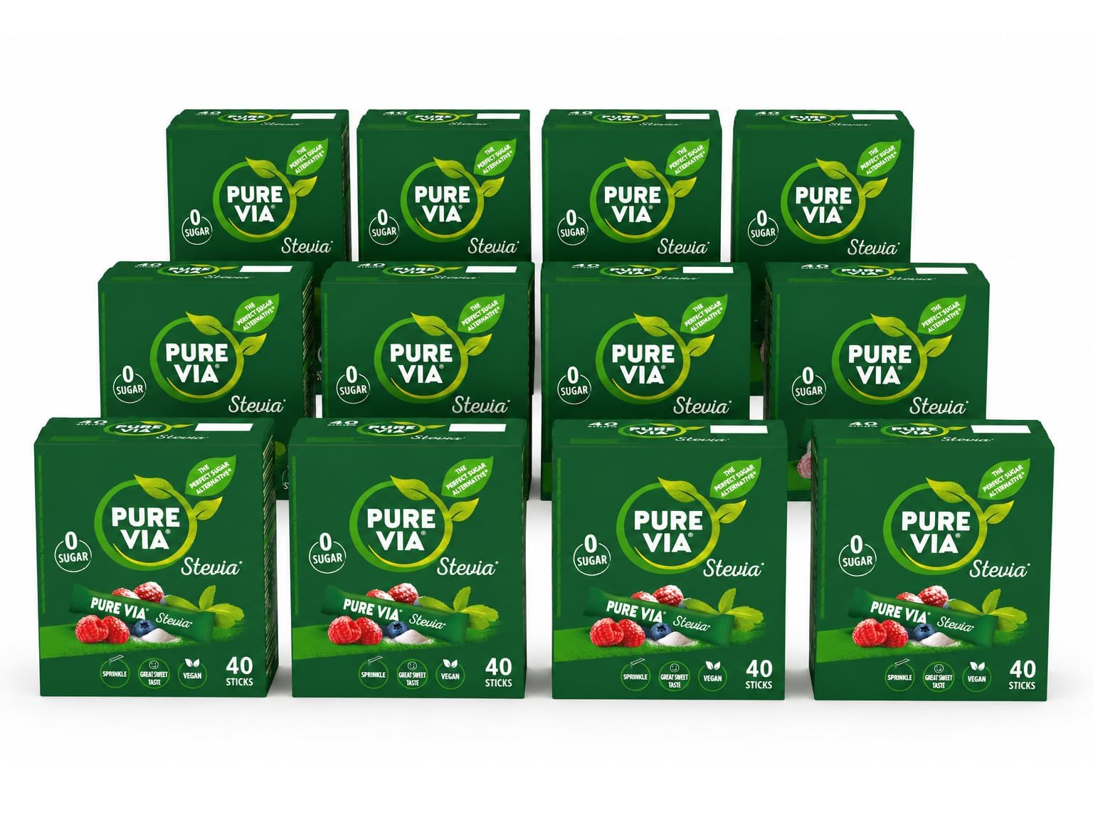 Pure Via - Stevia Edulcorante Natural, Sin Azúcar, 0 Calorías, Pack de 12