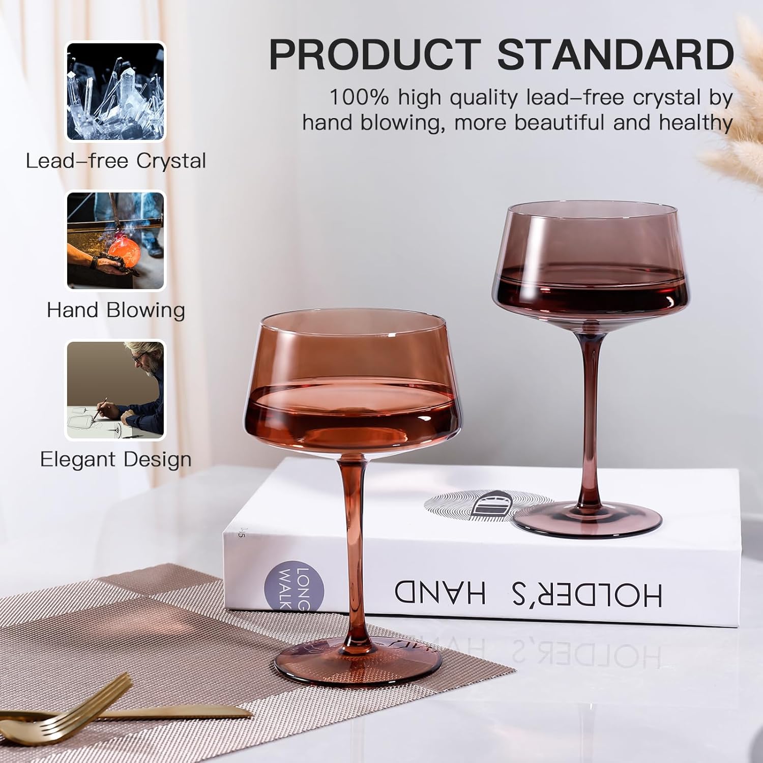 JOVGANK Amber Coupe Glasses Set of 6, Hand Blown Brown Martini Glasses 13Oz, Champagne & Cocktail Luxury Coupe Glasses, Bar Manhattan Glass, Valentine's Day Gifts for Espresso Martini Glass Classic-Venus