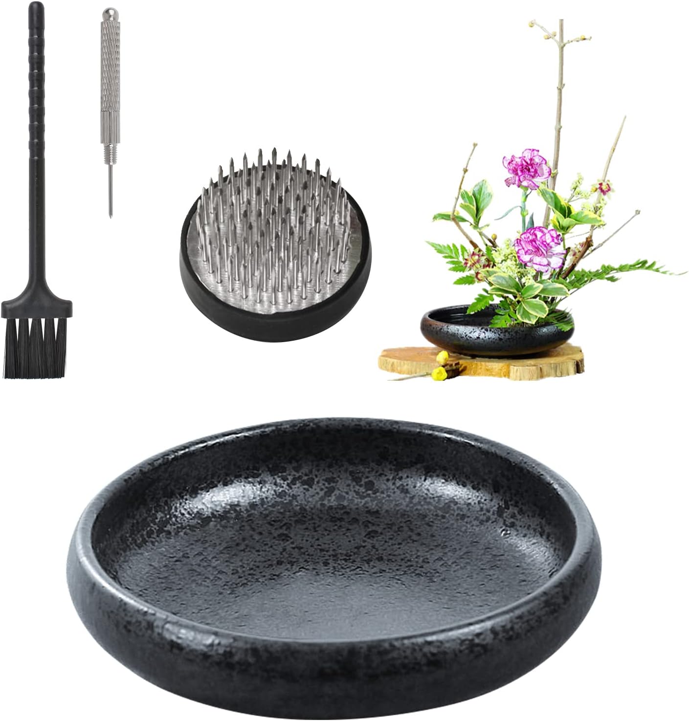 Ikebana Flower Vase, Japanese Ceramic Vase Round Shallow Pottery Ikebana Flower Arrangement Vase Kit with 4cm Kenzan Flower Frog for Floral Arrangement Home Decoration, Black Spotted