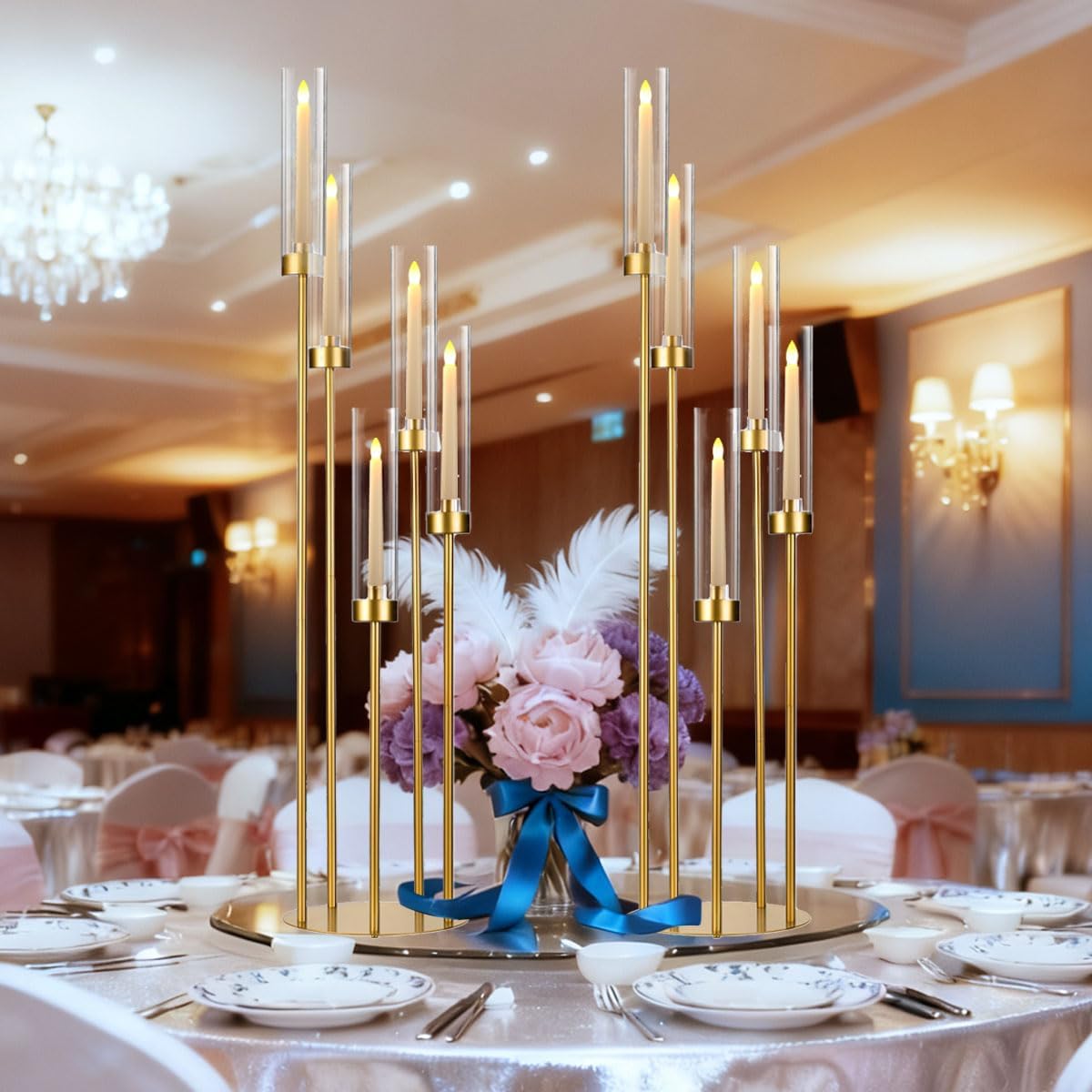 2PCS Floor Candle Holders for Wedding,Tall Arcylic Candelabra Centerpiece for Tables Candelabra 5 Arm for Party Christmas Concert Fit LED Candle Prom Entrance Decorations candelabros navideños