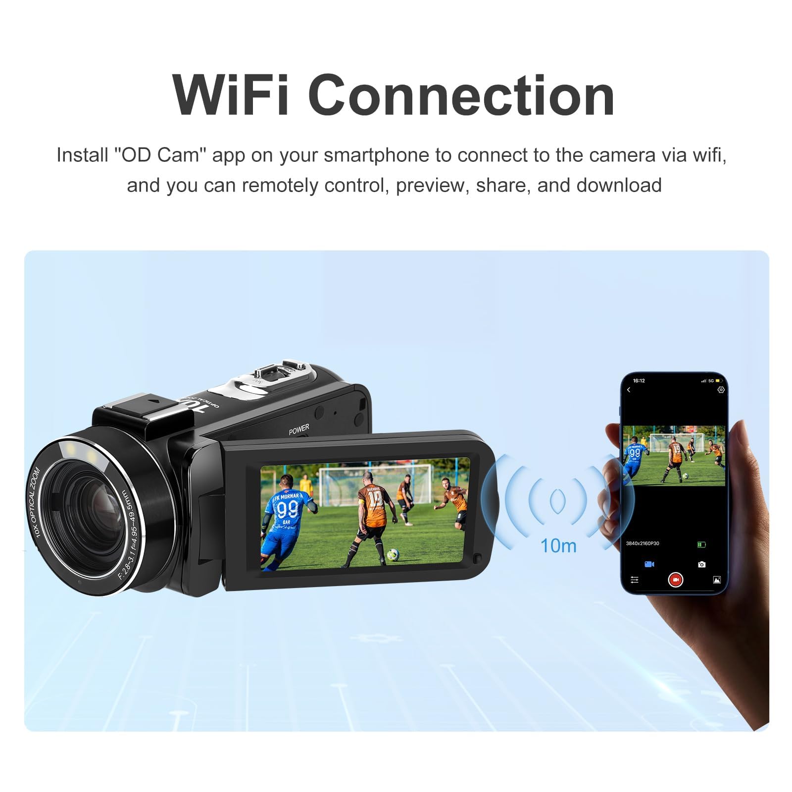 ORDRO Caméra Vidéo 4K Ultra HD Caméscope avec Zoom Optique 10X et WiFi, Carte SD 32GB