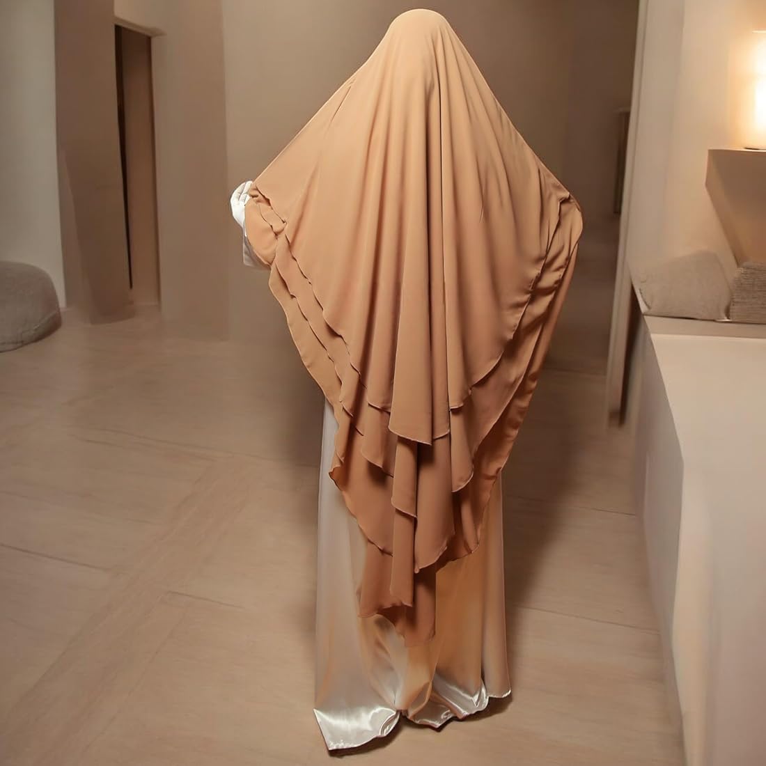 ★Premium 3 レイヤードKhimar (Taupe)【新品、未使用】 Bashariya 3-Layer Long Prayer Khimar Hijab with Niqab Mouthpiece