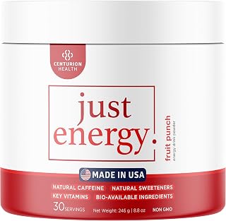 Just Energy Drink Powder, Refreshing Fruit Punch Energy Drink Mix with 21 Energy-Boosting Ingredients, Includes B Vitamins, Choline, Zinc, Chromium and Inositol, 30 Servings