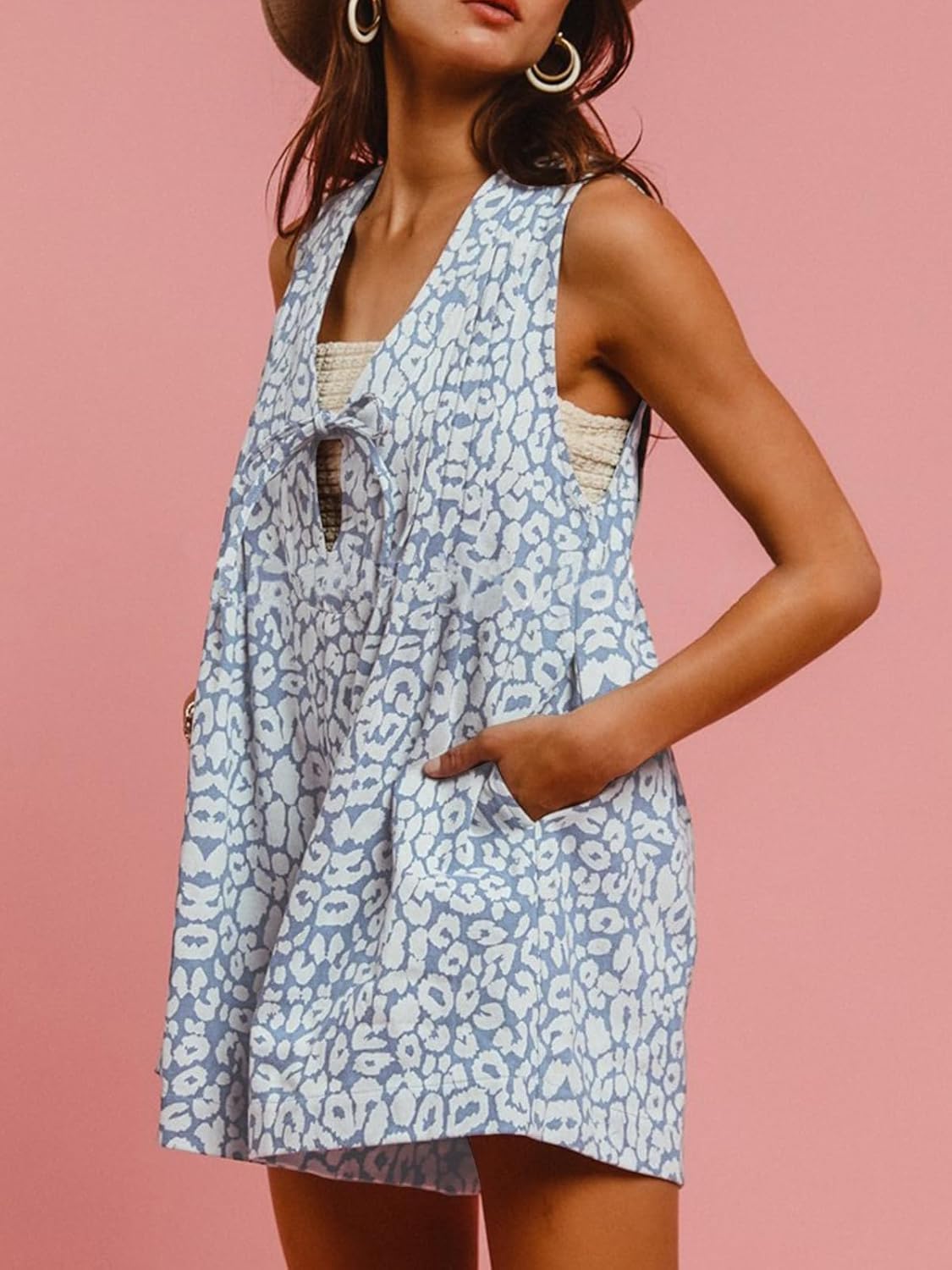 ebossy Womens Leopard Print Denim Rompers Casual Sleeveless Tie Front Jean Shorts Overalls with Pockets - Image 4