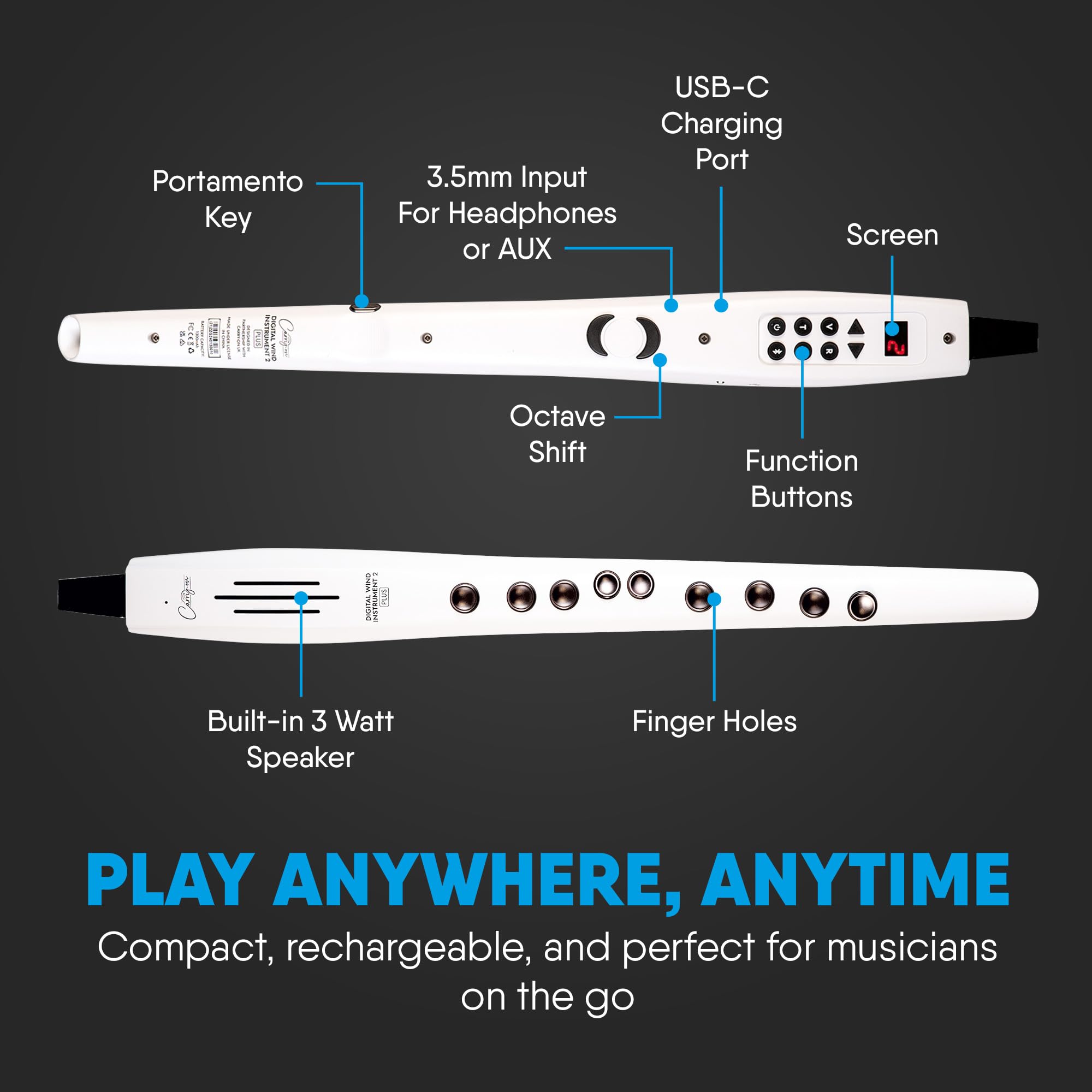 Carry-on Strumento a fiato digitale 2 Plus - 20 voci, batteria ricaricabile USB integrata, uscita cuffie per esercitarsi silenziosamente, registratore digitale Midi Over Bluetooth bianco