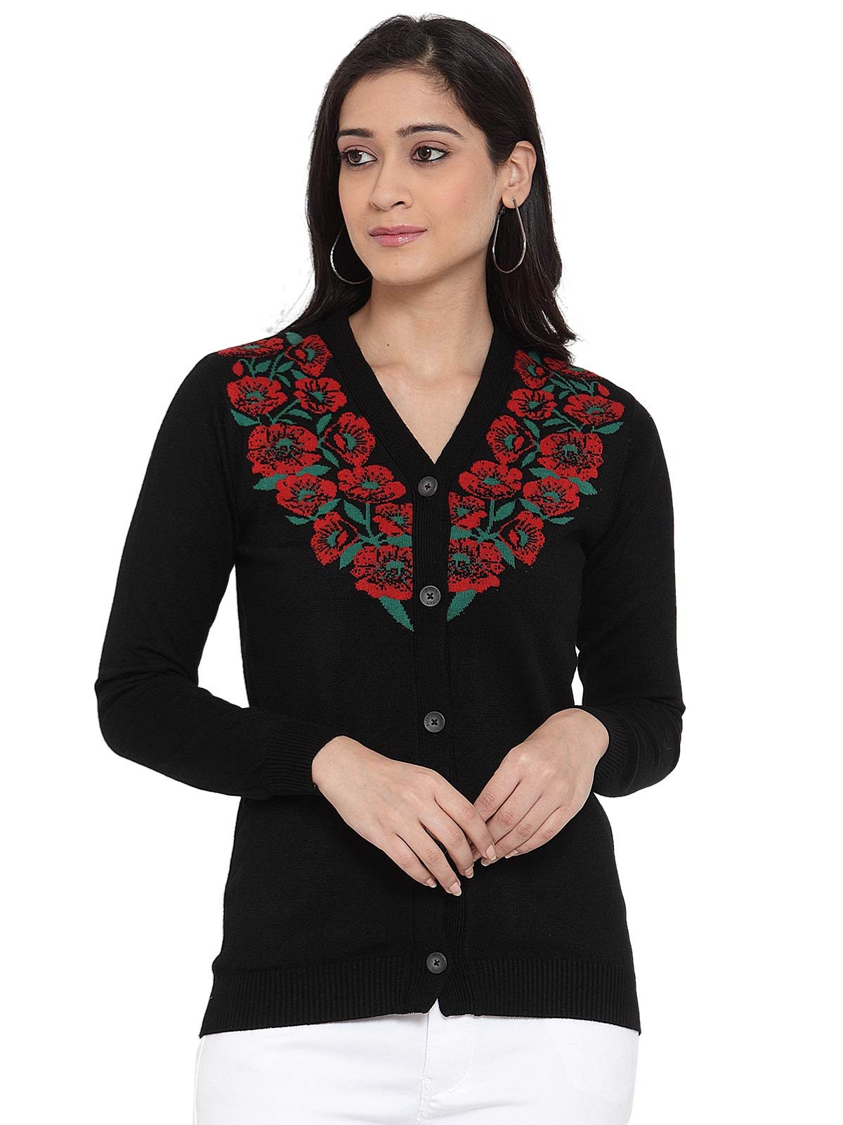kalt Women's Full Sleeves Floral Self Design Cardigan Sweater(Black)-picture-25