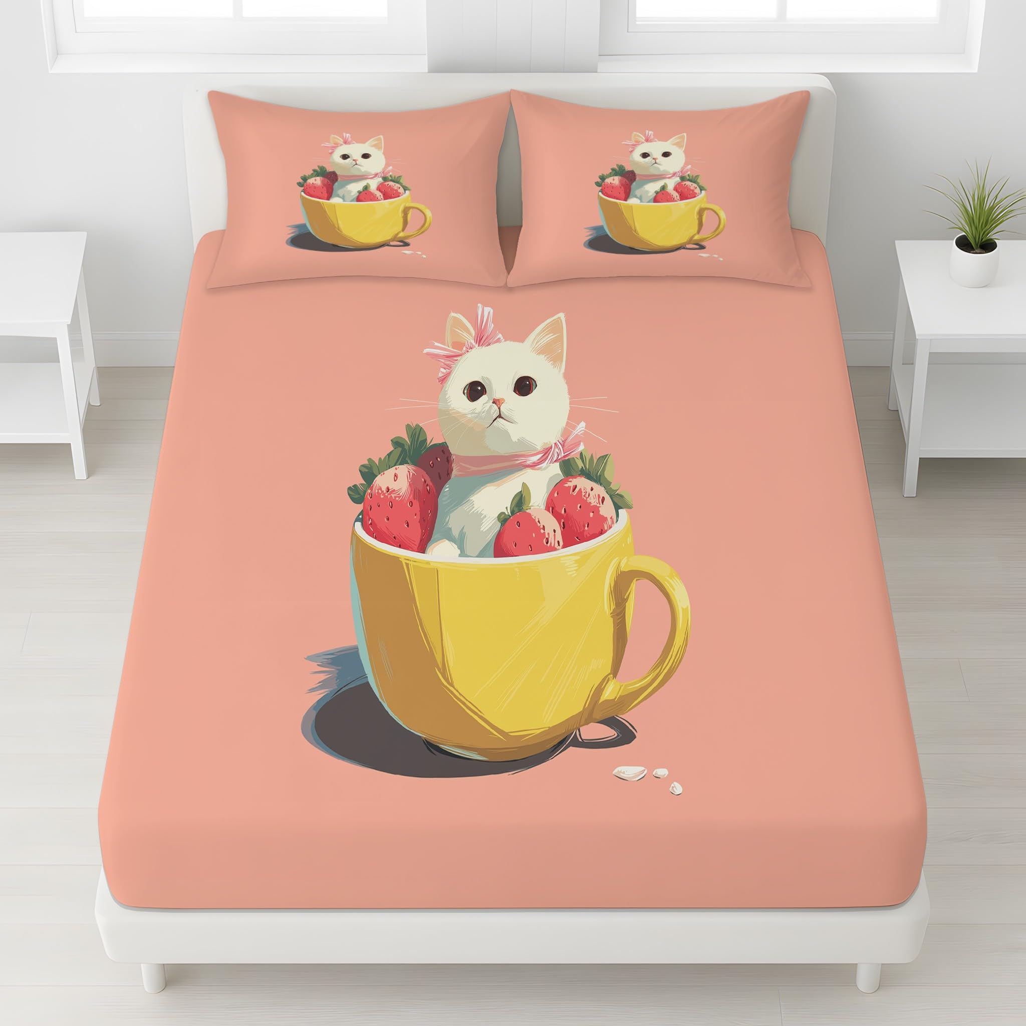 Drap-housse 80x200 cm rose avec motif de chat doux et résistant à la décoloration