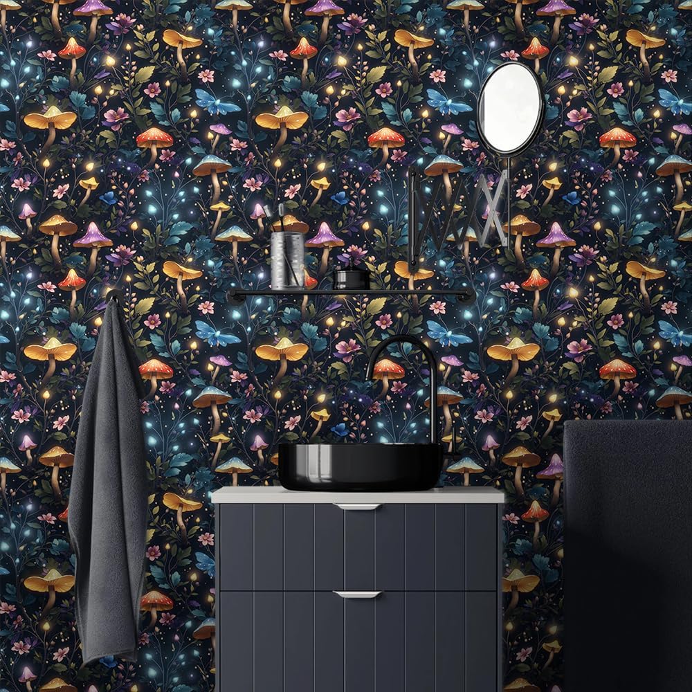 18"x236" Glitter Magical Mushroom Garden Peel and Stick Self Adhesive Wallpaper Removable Contact Paper Stick on Easy Peel Off Wall Paper for Kitchen Bedroom Bathroom Renter