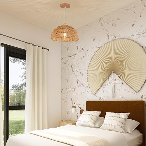 Miniatura 8 de Lámpara colgante bohemia para cocina, lámpara colgante de ratán, lámpara de techo empotrada, lámpara bohemia con base de madera, candelabro bohemio