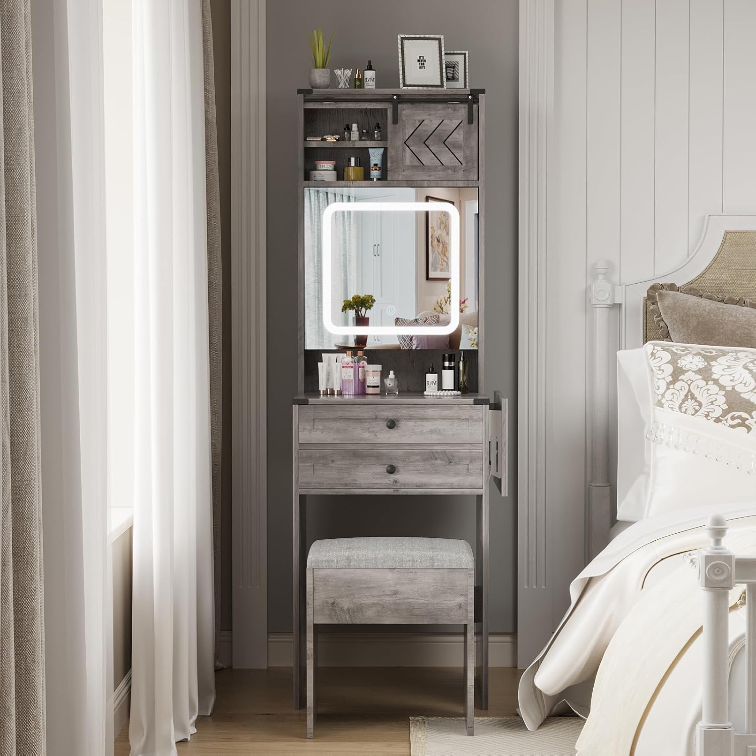 ARTETHYS Farmhouse Small Vanity Desk Set with Mirror Cabinet Compact Makeup Vanities Set with 3 Adjustable Lights and Storage Chair for Compact Space, Gray Dressing Table with Fold-up Panel