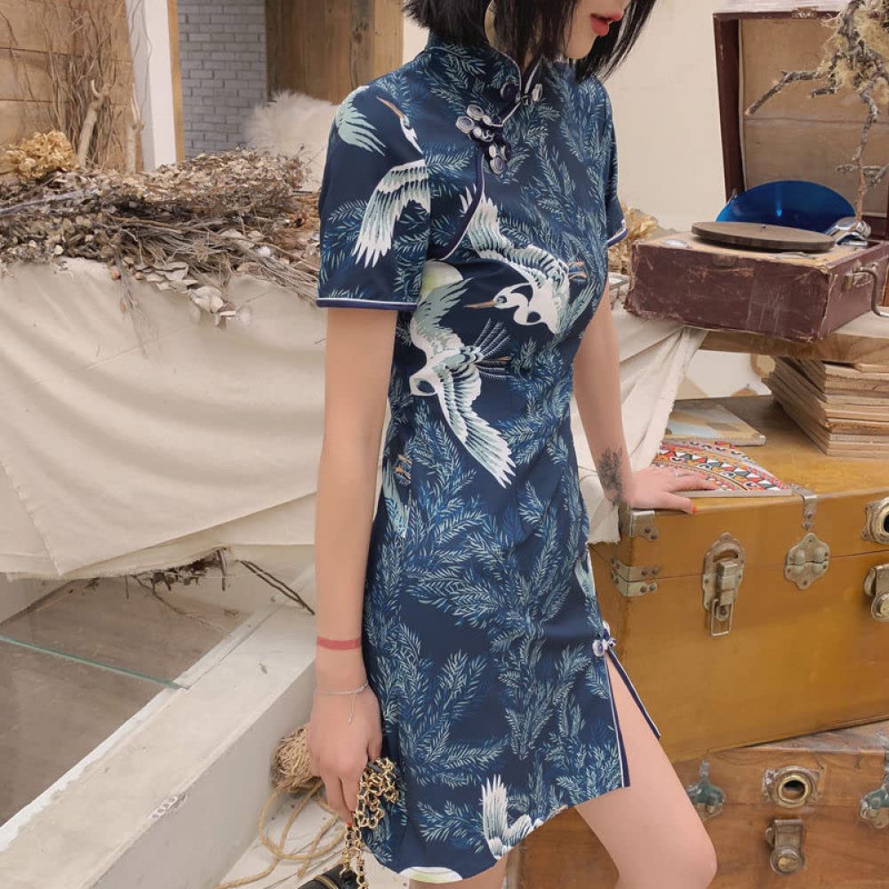 Abito Cheongsam Migliorato,Abito Cheongsam Blu Navy retrò Maniche Corte Mini Abito Sexy Orientale Giapponese Gru Qipao Elegante Abito da Cocktail Aderente Abito da Sera Etnico per Ragazze Donne