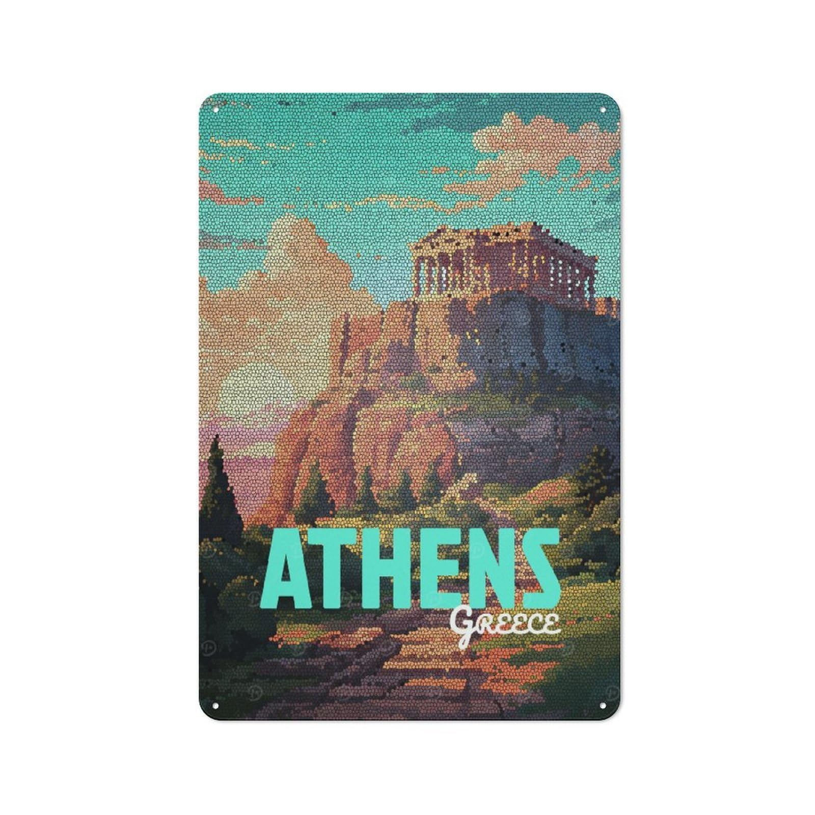 Junmoney Style-7 Athens Greece Mosaic Art Tin Wall Sign 30X20cm, Loft Style Industrial Wall Decor For Loft, Studio, Office Or Creative Room