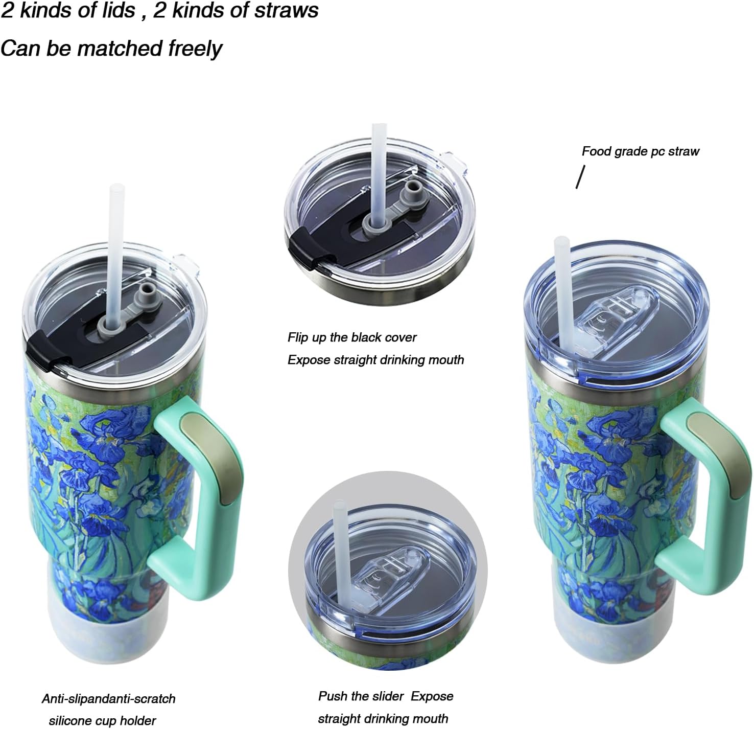 Jormungand 40 oz Tumbler with Handle and Straw Stainless Steel Vacuum Insulated Water Bottle for Hot or Cold Beverages Coffee Mug with Leak Proof Lid Gift for Women&Men Irises 2 - Image 4