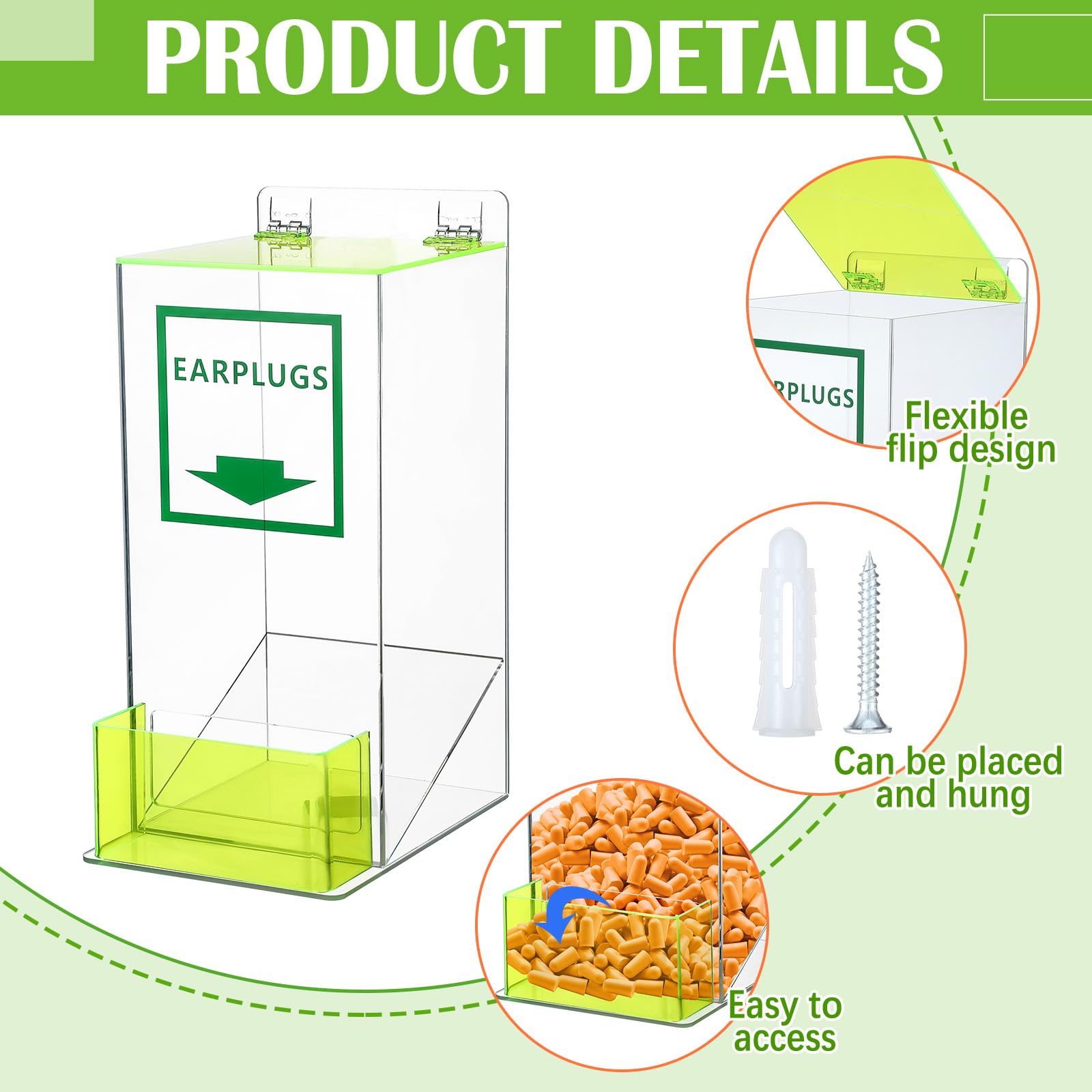 Vercraft Paquete de 2 dispensadores compactos de tapones para los oídos con cubierta y bolsillo frontal, soporte acrílico transparente para montaje en mesa, dispensador de tapones para los oídos,