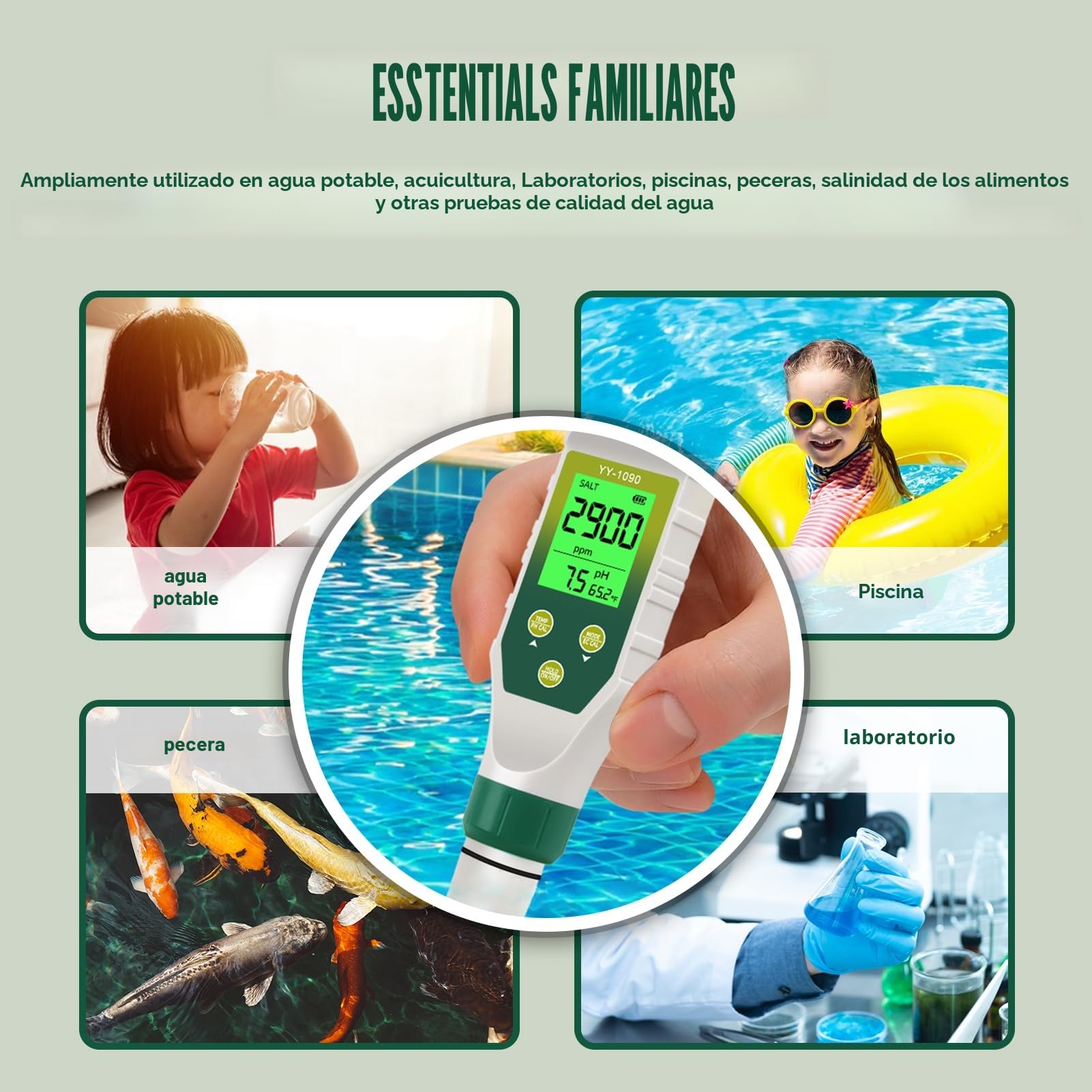 Medidor PH 5 en 1, PH EC TDS Salinidad Temperatura Meter con Innovadora Pantalla Simultánea Tres Datos, IP67 Impermeable Tester Salinidad PH para Piscina, Agua Potable, Acuarios, Hidrofonía