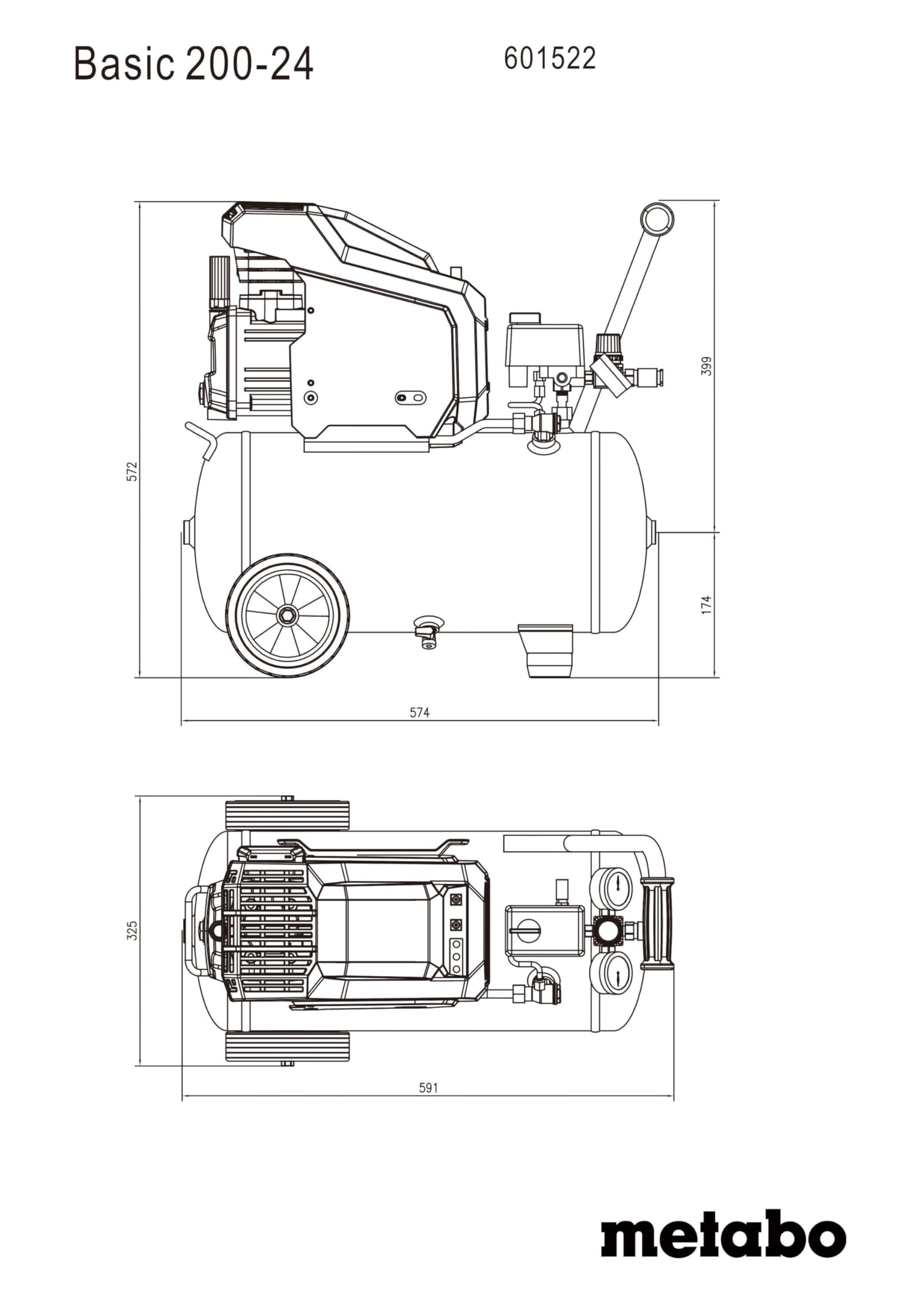 metabo Compresor Basic 200-24-80 l/min de potencia de llenado, tamaño de caldera de 24 l, compresor de aire comprimido de 8 bar, potencia de aspiración de 180 l/min, 1,2 kW – lubricado con aceite