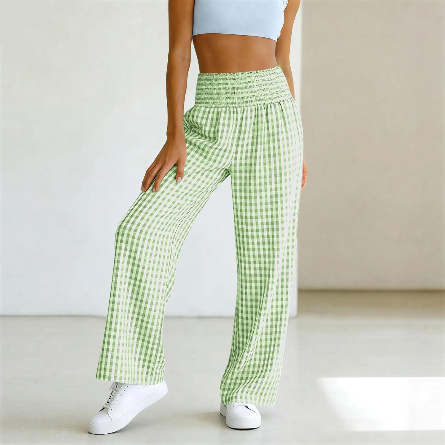 Womens Gingham Pants Checkered Plaid Striped Boxer Wide Leg Palazzo Pant Lounge PJ Bottoms Trousers with Pocket