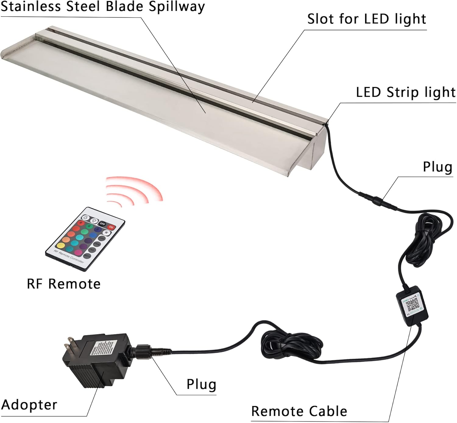 36'' APP Control Pool Waterfall with RGB LED Lights, Stainless Steel Pond Fountain Set for Outdoor Decorations, Patio Waterfall Spillway Kit w/16 Color Changing, Easy Install