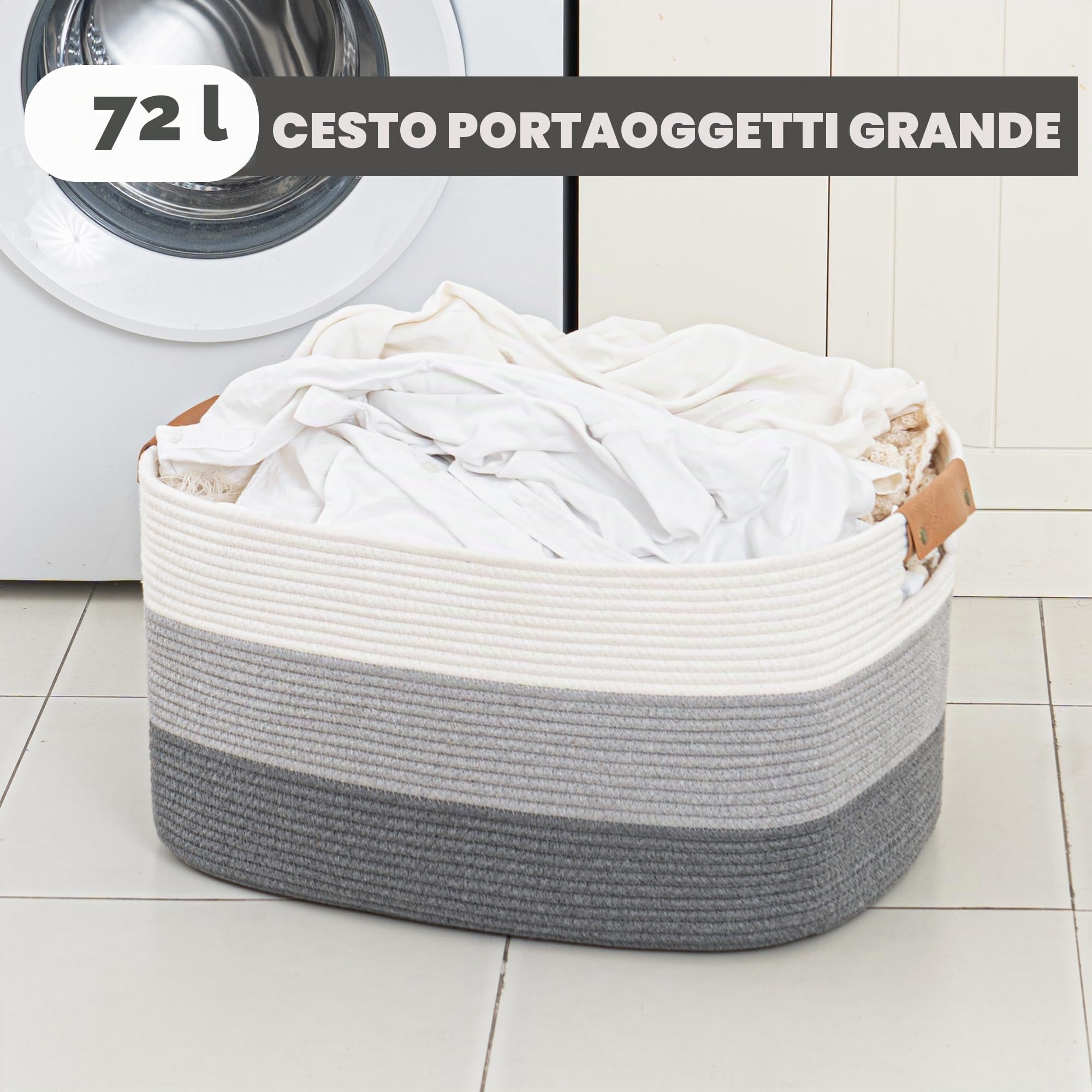 danpinera 72L Cesto Rettangolare Extra Large in Corda di Cotone,Cesto Biancheria per Coperte, Cuscini in Vimini, Portaoggetti Morbido per Bambini e Giocattoli, 43 * 55 * 29cm Bianco con grigio