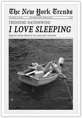Lienzo vintage en blanco y negro para pared, divertido póster de periódico con texto en inglés "I Love Sleeping Newspaper Journal", revista