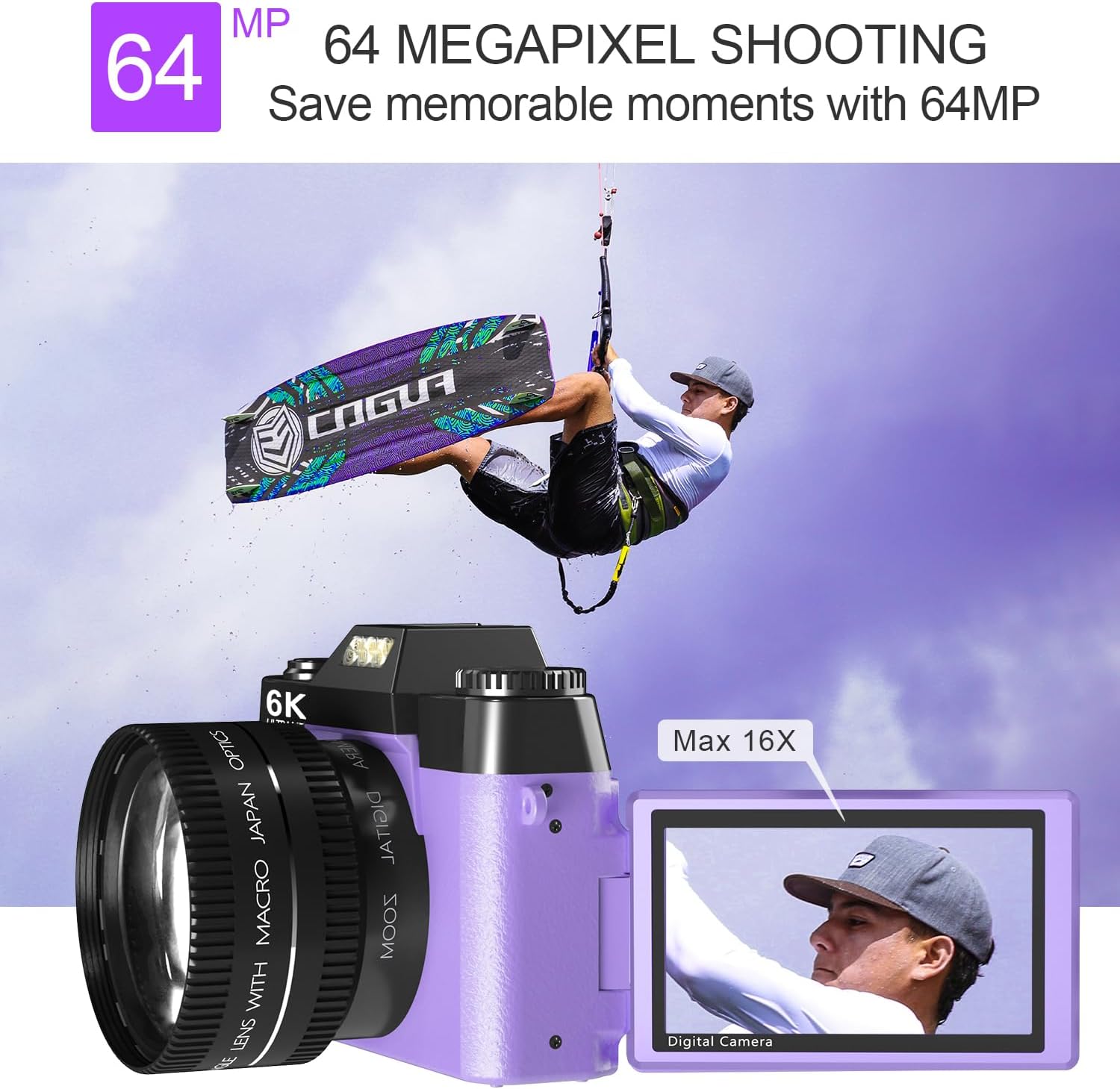 6K 64MP Digital Camera for Photography NIKICAM Vlogging Camera for YouTube with 180° Flip Screen, WiFi,16X Digital Zoom, 52mm Lens, 2 Batteries, 32GB Micro SD Card(Purple)