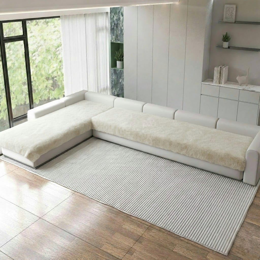 Premium Faux Fur Rabbit L Shape Sofa Seat Cover for 4 + 3 Seater with Heavy Antiskid Backing for Living Room Sofa | Sofa seat Runner for Couch | White-image-36