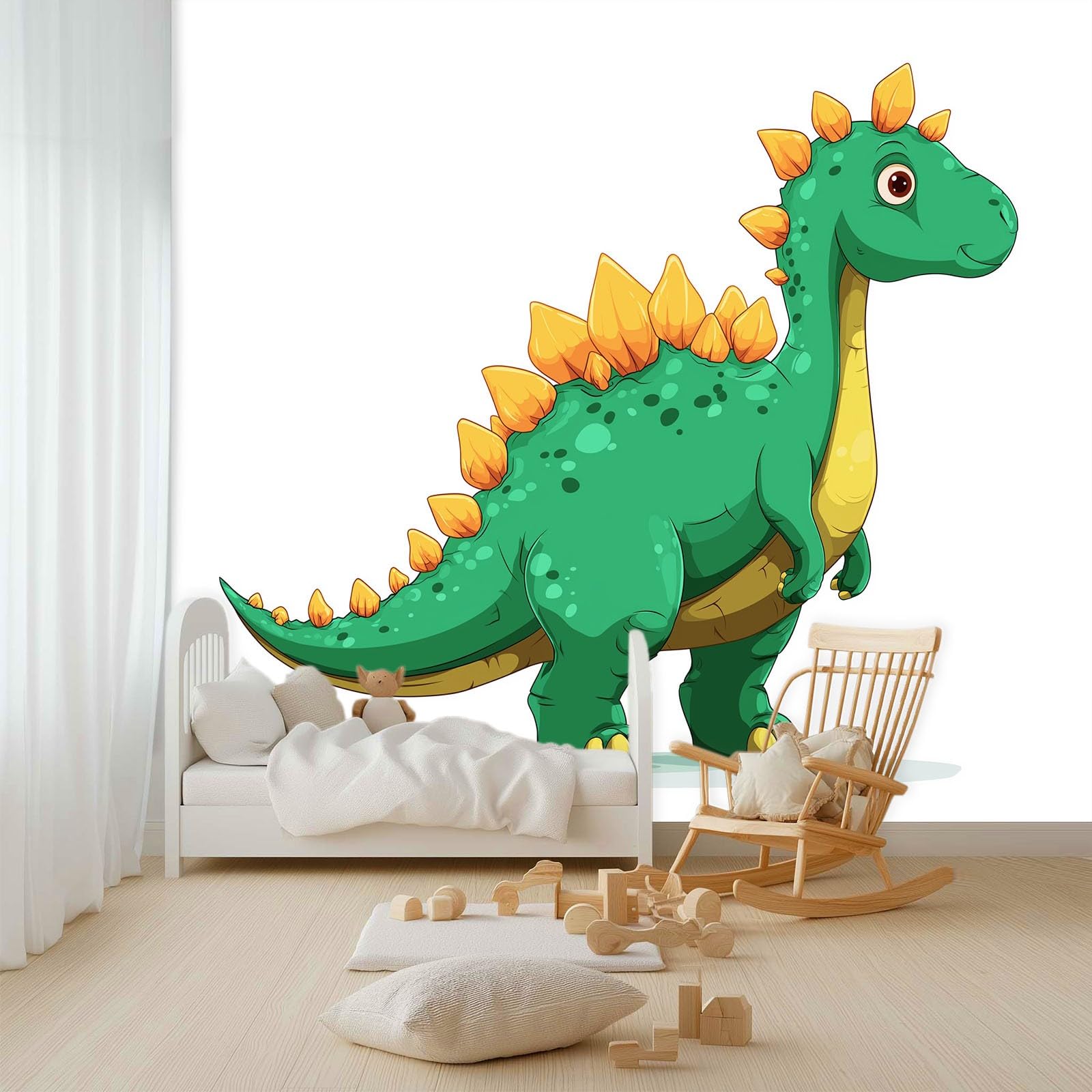 Urocza biała tapeta 3D panoramiczna kreskówka zwierzęta dinozaur stegozaur - fresk ścienny z włókniny do sypialni i pokoju dziecięcego, dekoracja ścienna do domu (200 x 140 cm)