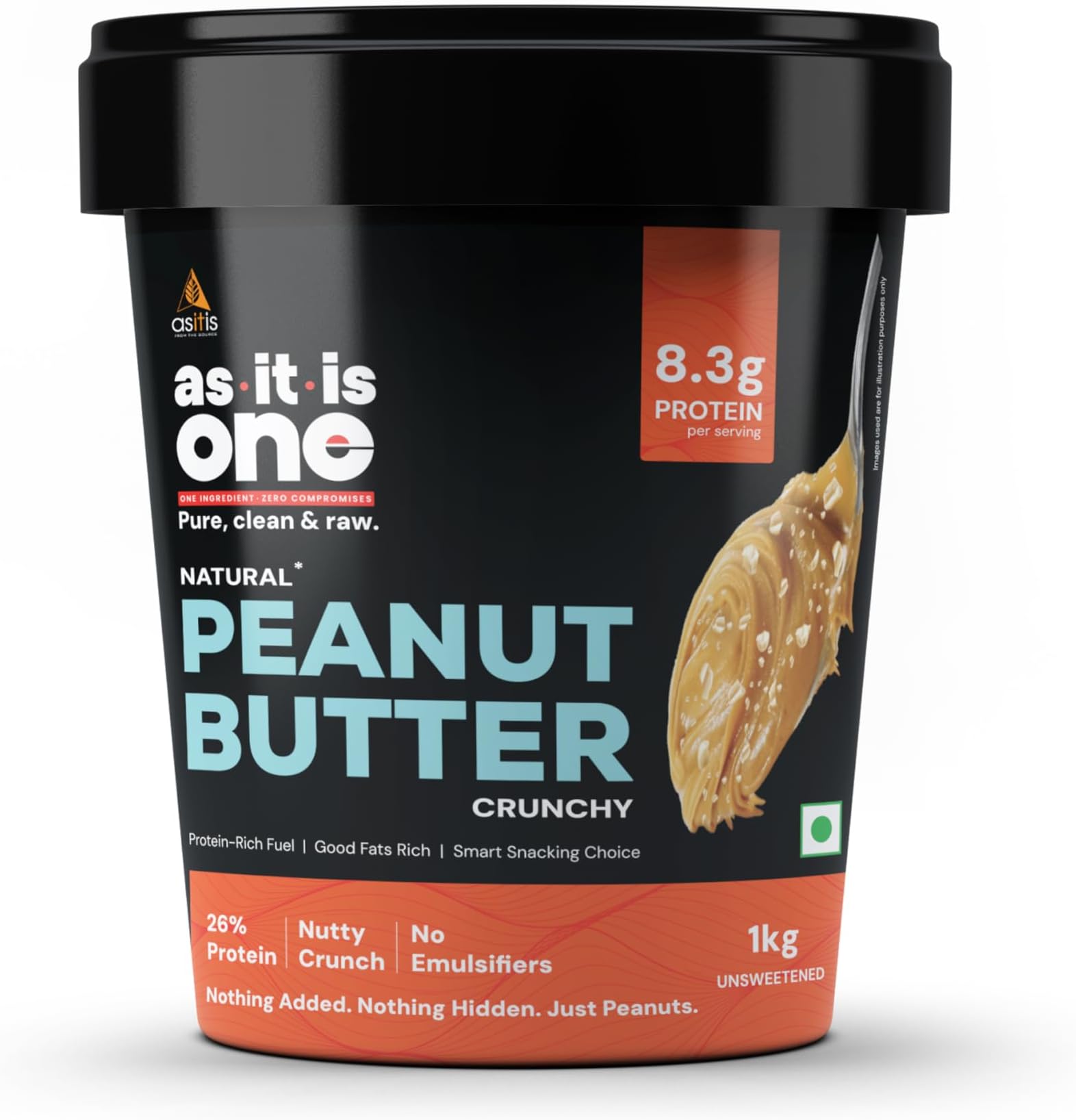 AS-IT-IS One Peanut Butter Crunchy - High Protein 1kg, Rich in Healthy Fats & Fibre I All Natural, Roasted & No Added Sugar