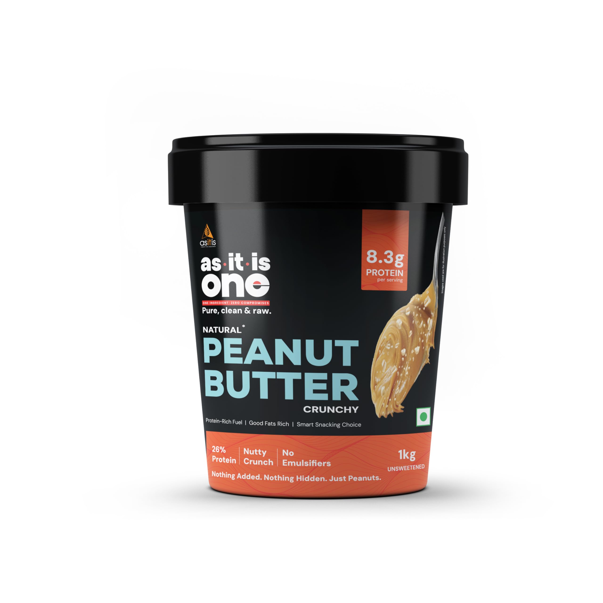 AS-IT-IS One Peanut Butter Crunchy - High Protein 1kg, Rich in Healthy Fats & Fibre I All Natural, Roasted & No Added Sugar
