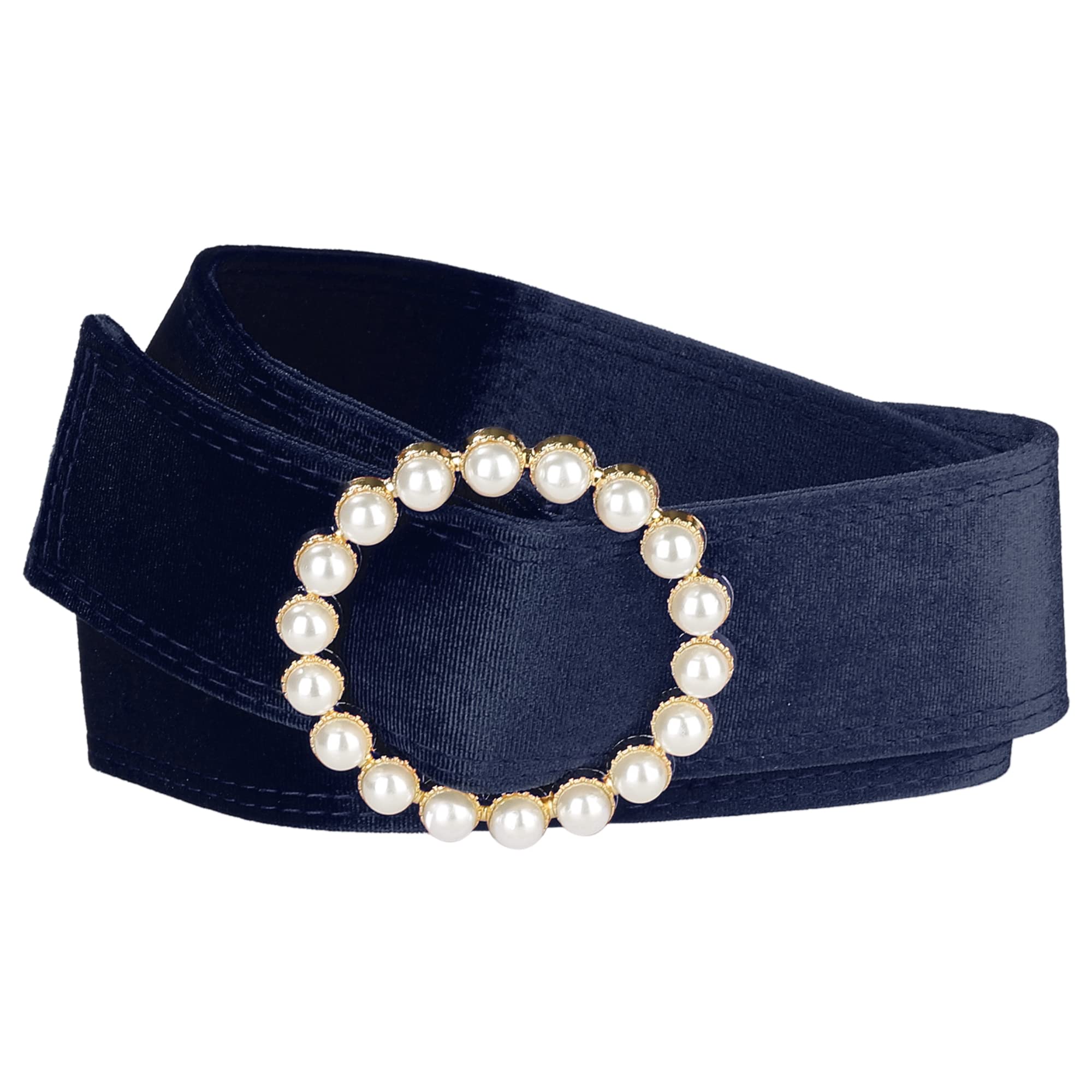 Elerevyo Women Plus Size Faux Pearl Buckle Waist Belt, Vintage Velvet Wide Cinch Belts Waistband for Dress Navy Blue 65-82cm/25.59-32.28"